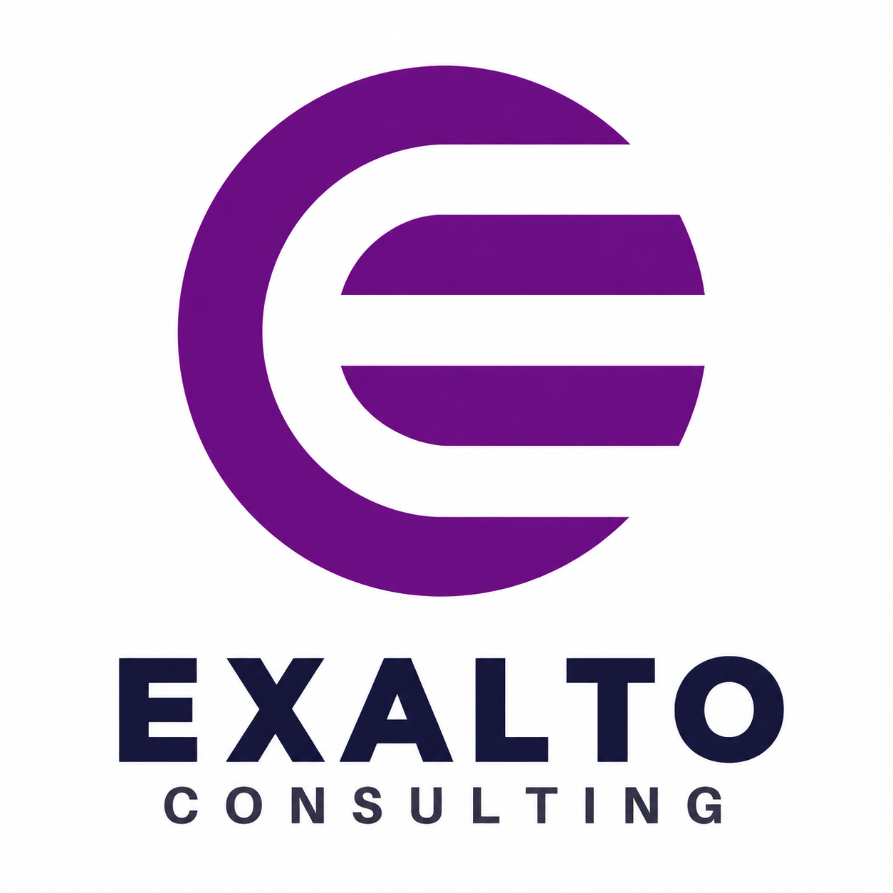 Logo for Exalto Consulting featuring a stylized purple and white letter 'E' and the company name in bold navy blue letters.