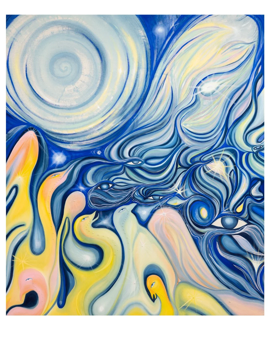 "Departure", natural pigment & coloured pencils on canvas,
120x140cm, 2025