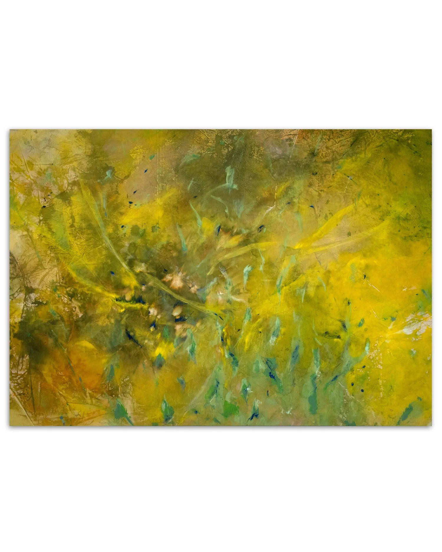 "Rising", raw pigment, spirulina ink, dye on unprimed canvas, 200cm x 140cm, 2023