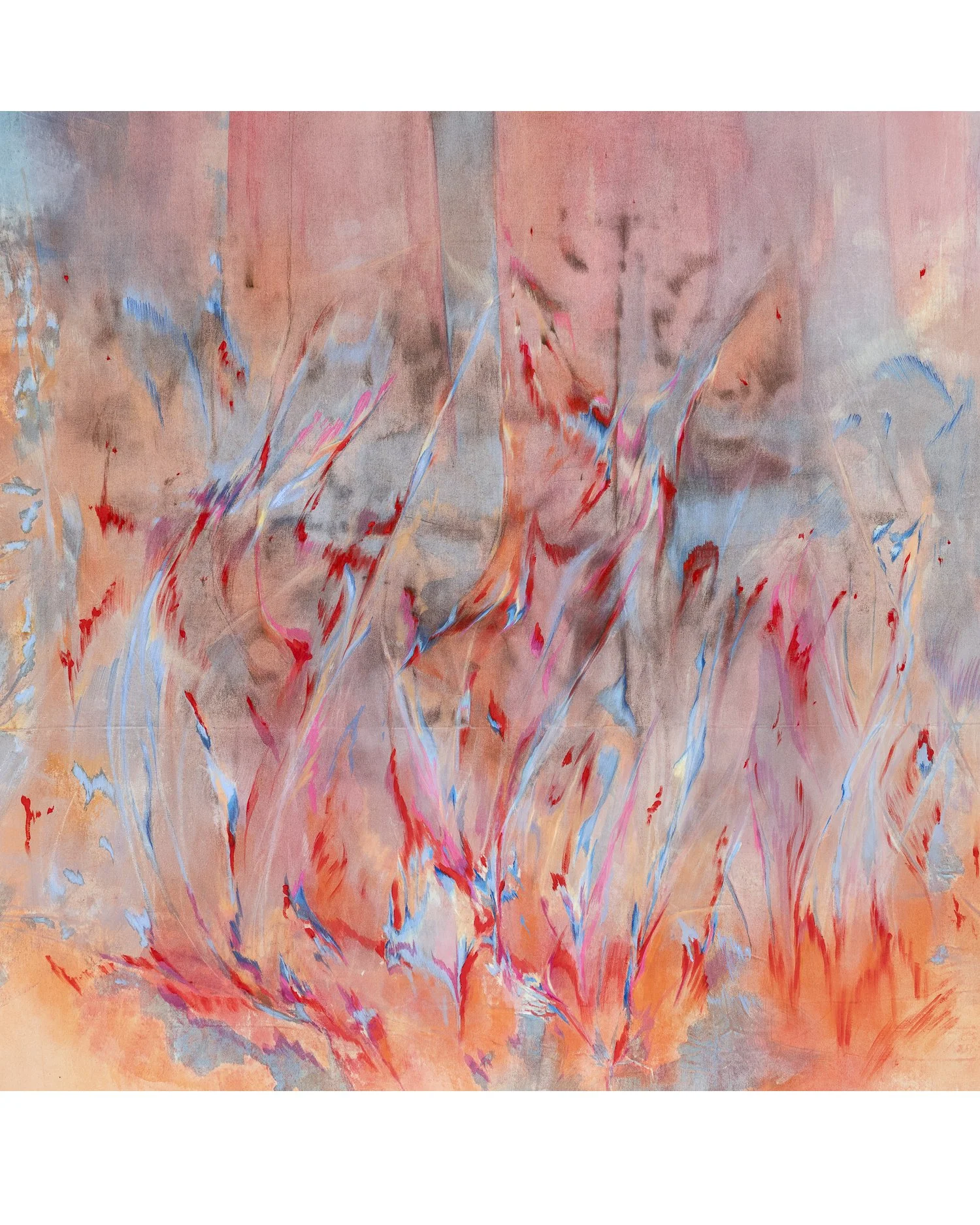 "Forest Burn", raw pigment, dye, pencils on unprimed canvas, 130cm x 130cm, 2024
