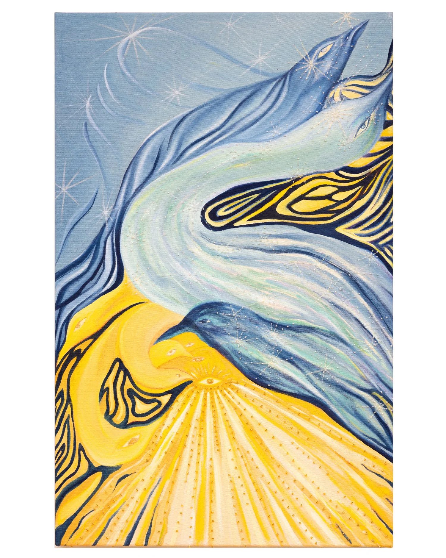 "Cosmos & Sun", natural pigment & glass pearls, coloured pencils on canvas,
45x70cm, 2025