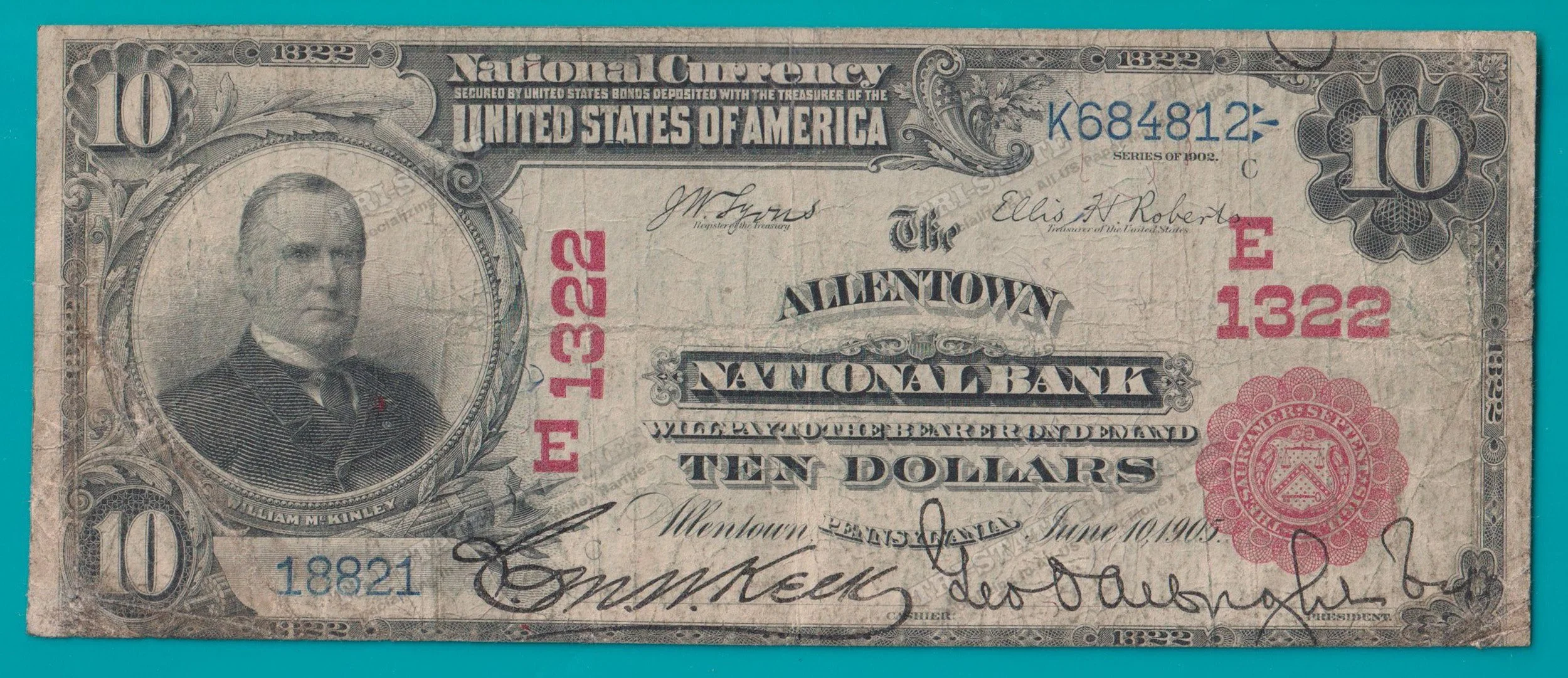 1902 $5 NB Allentown PA RED SEAL Plain Back Charter# 1322 (STK# 55)