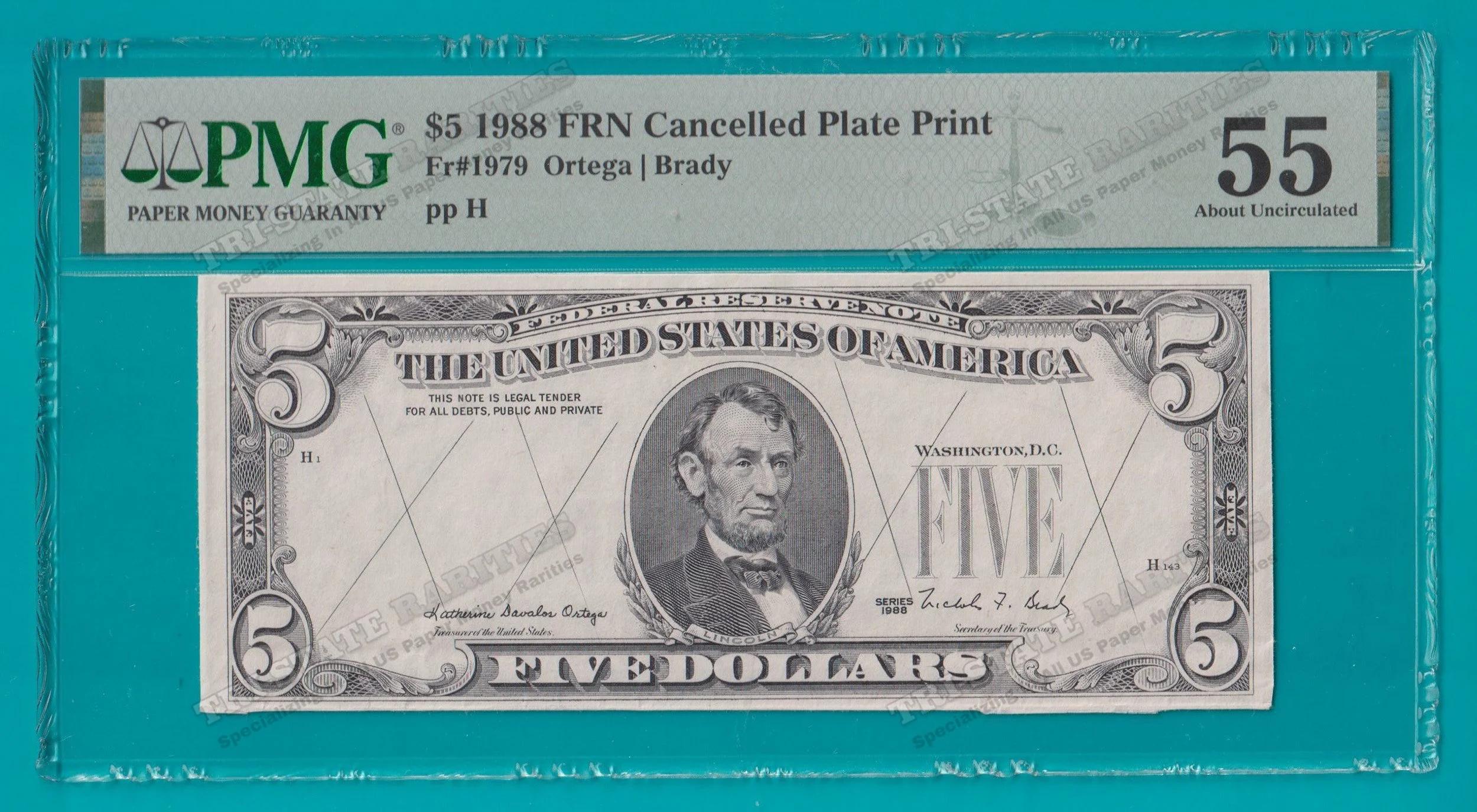 STK_ 13 - 1988 $5 FRN Cancelled Plate Print PMG AU55 - FRONT watermarked.jpg