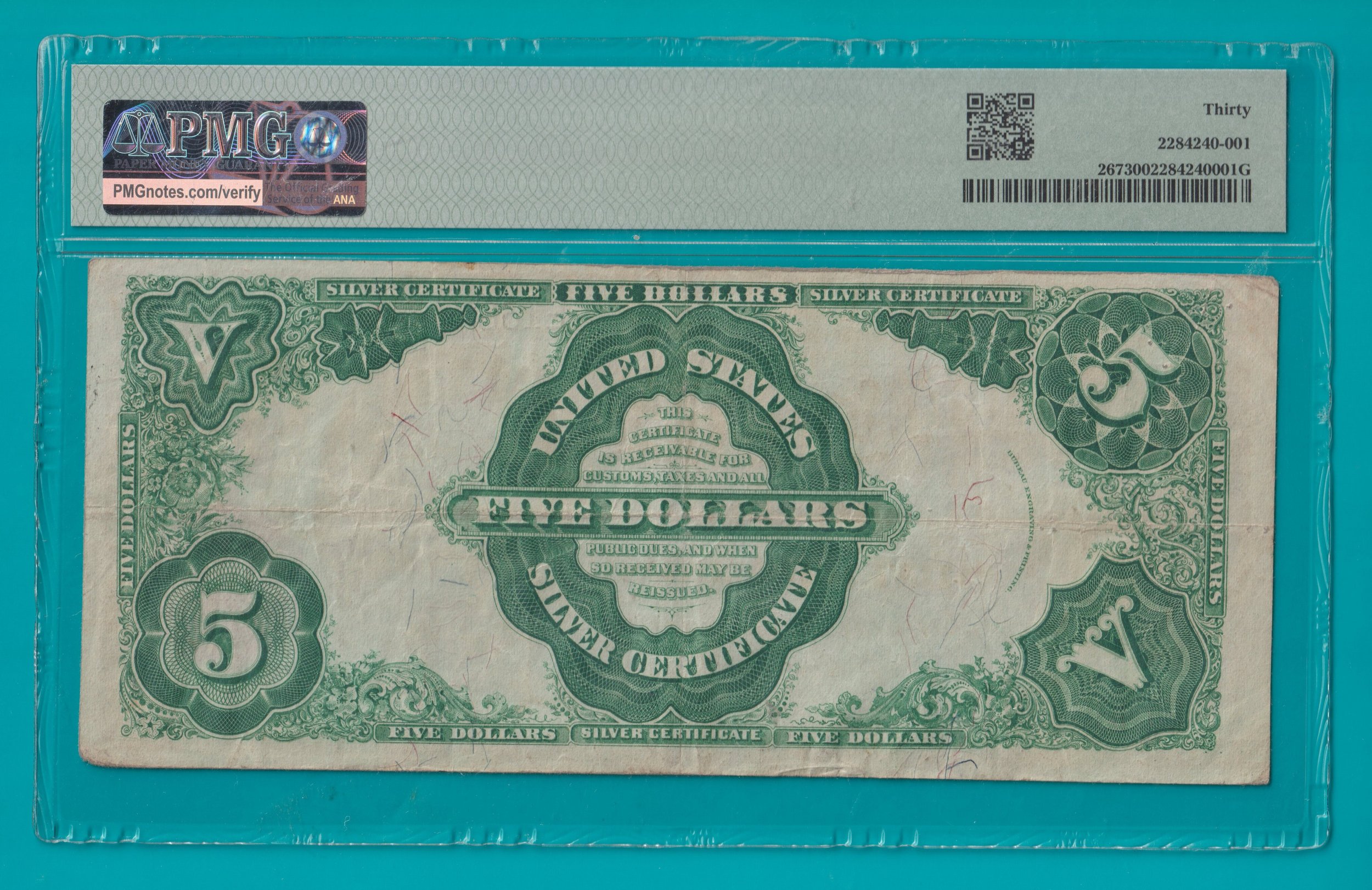 1891 $5 Silver Certificate FR267 - PMG VF30 (STK# 65) BACK.jpg