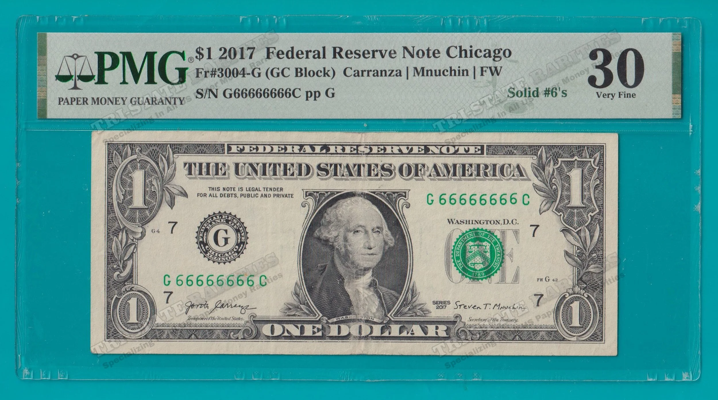 2017 $1 FRN SOLID 6's FANCY SERIAL NUMBER - PMG VF30 (STK# 40) **SOLD**