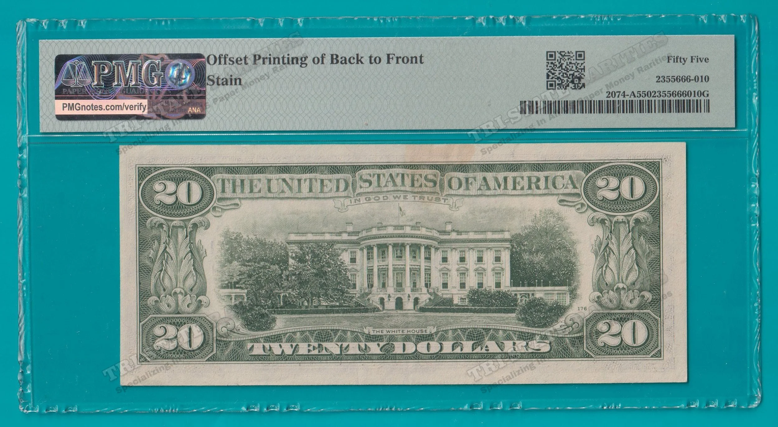 STK_ 17 - 1981A $20 FRN Boston B2F Offset  PMG AU55 Stain - BACK watermarked.jpg