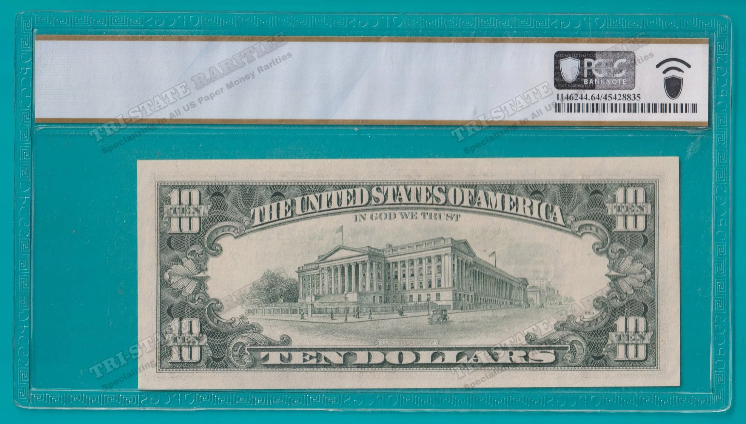 1993 $10 FRN Chicago DOUBLED 2ND PRINT ERROR - PCGS B CU64PPQ (STK_53) BACK watermarked.jpg