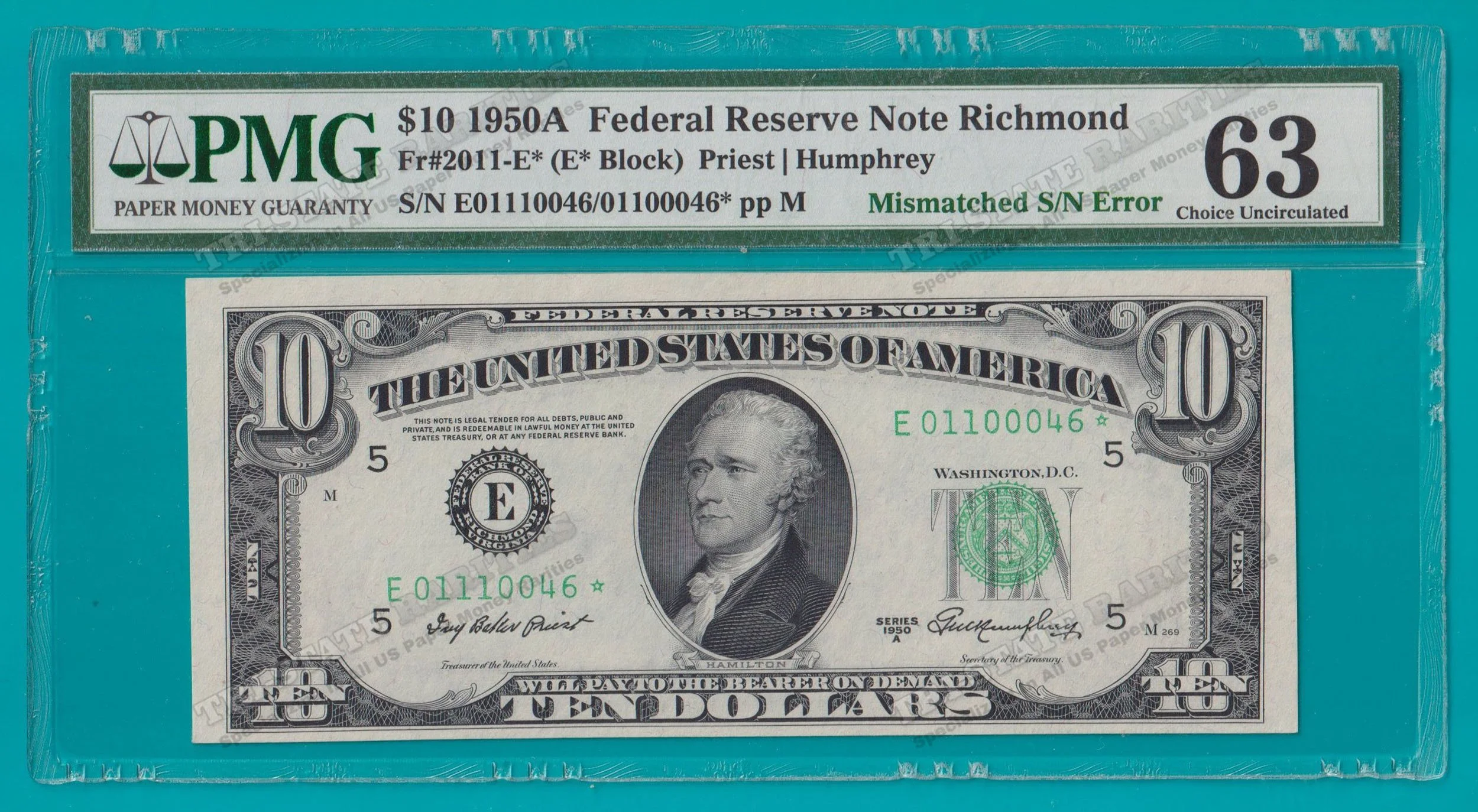 1950A $10 FRN Richmond MISMATCHED SERIAL NUMBER STAR NOTE ERROR - PMG CU63 (STK# 47)
