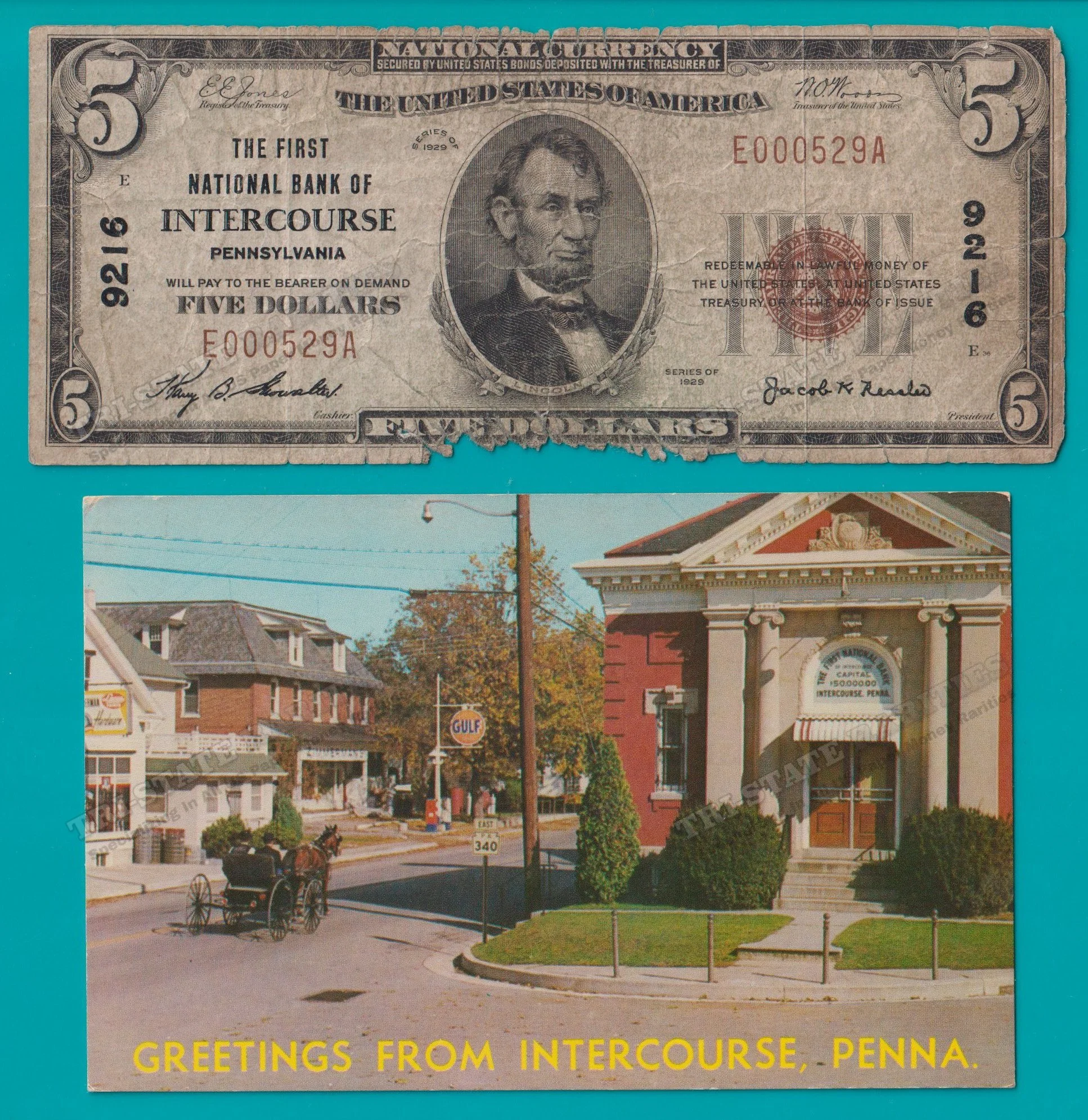 1929 $5 National Bank Note for Intercourse PA Charter# 9216 W/ Postcard (STK# 38) ***SOLD***