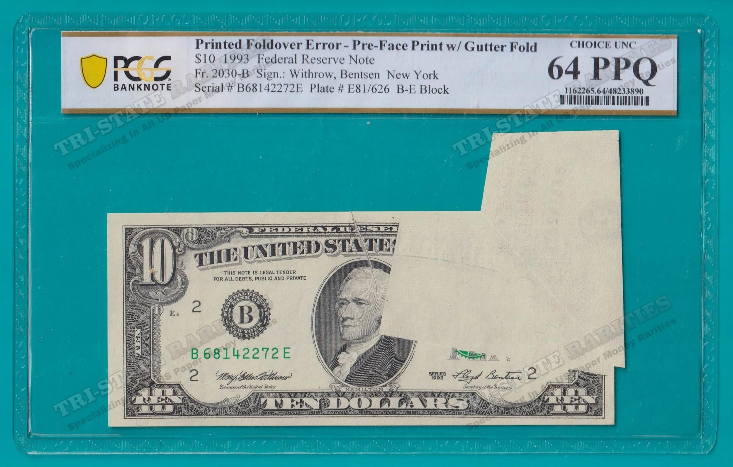 1993 $10 FRN New York PRINTED FOLD-OVER ERROR W/ GUTTER FOLD - PCGS B CU64PPQ (STK# 48)