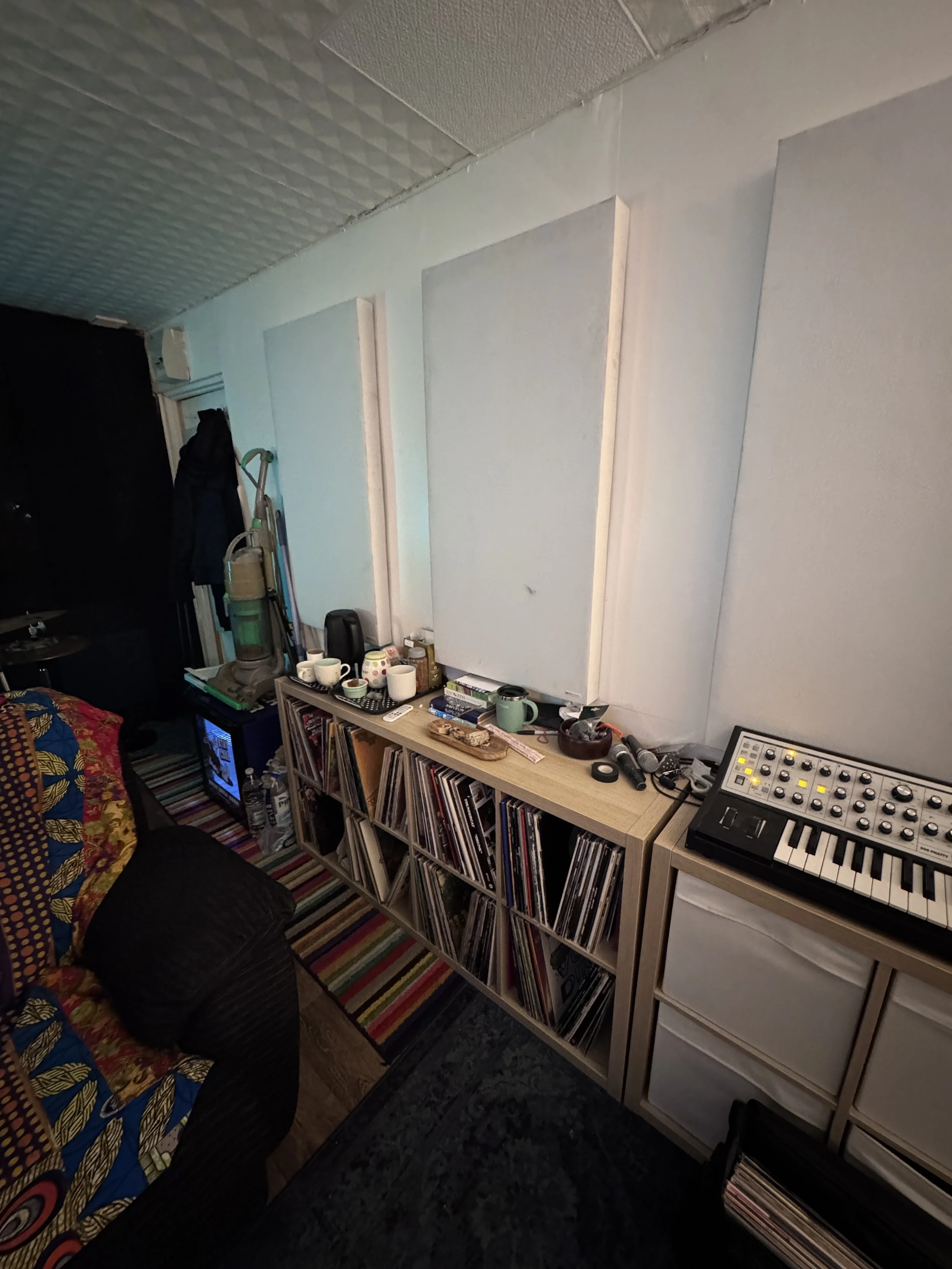 Relaxed studio lounge at The Low Studios used for writing, listening, and collaboration.