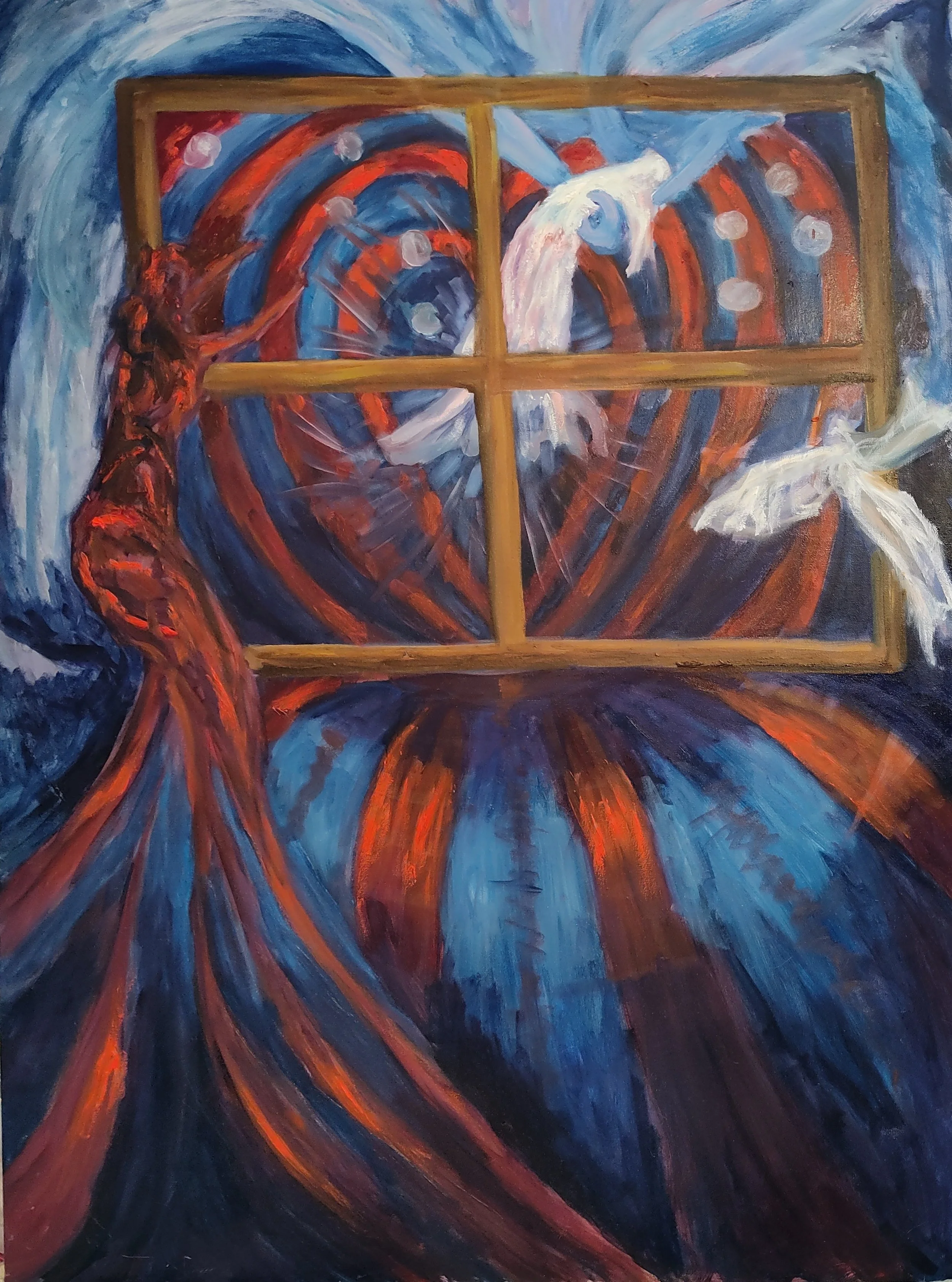 Abstract painting featuring a unicorn within a heart shape, with swirling blue, red, and white colors, and a cross framed over the image.