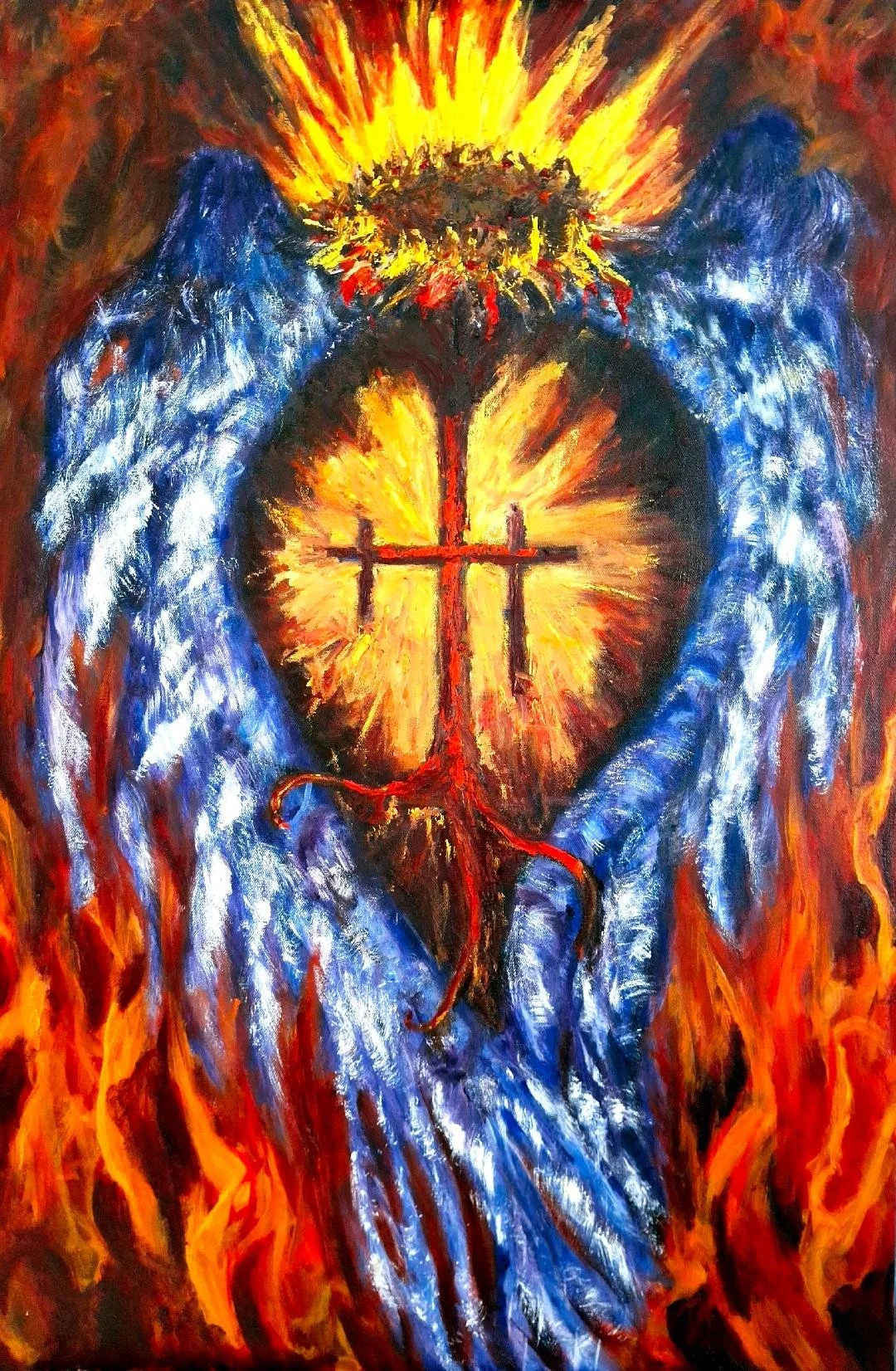 A painting depicting a heart at the center engulfed in flames, with a cross embedded within the heart and blue wings surrounding it.