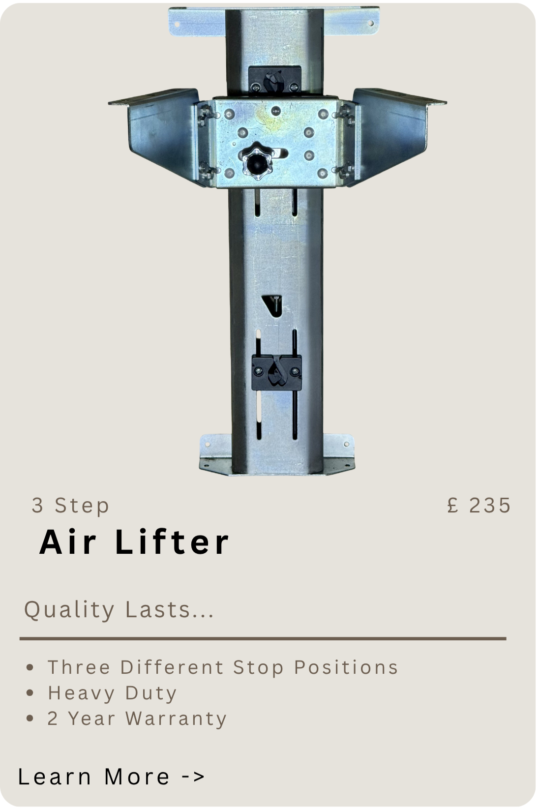 A metal air lift support with three stop positions. Contains product details, price of 235 pounds, and key features such as heavy duty and a two-year warranty.