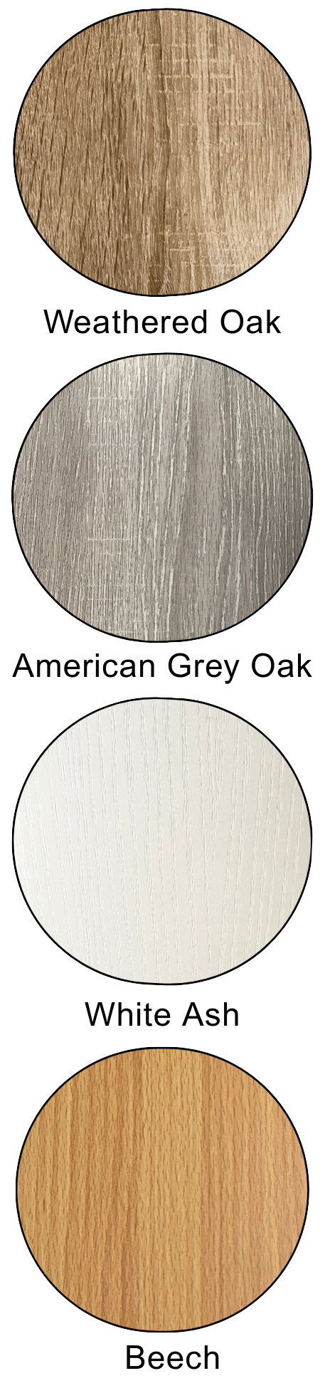 Four circular swatches of wood finishes in different colors: light brown, grayish, white, and honey-colored, arranged vertically on a black background.