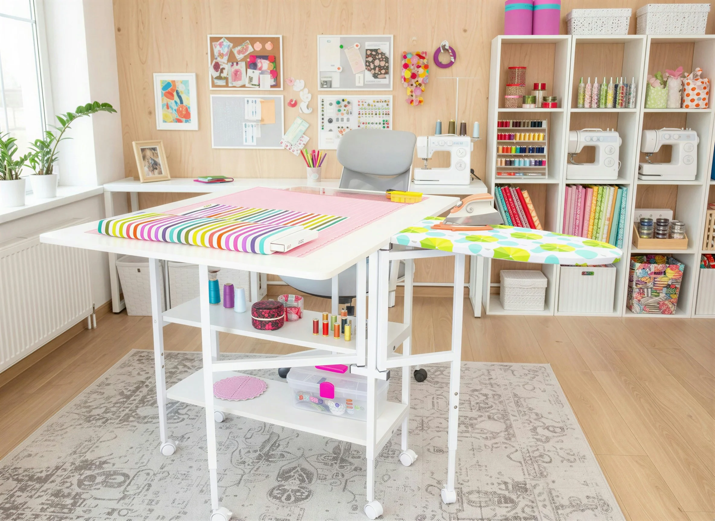 A white foldable table in a room with beige walls and carpet, featuring a cutting mat, a red cloth, scissors, an iron, a pair of glasses, a vase with white roses, and a potted plant in the corner.