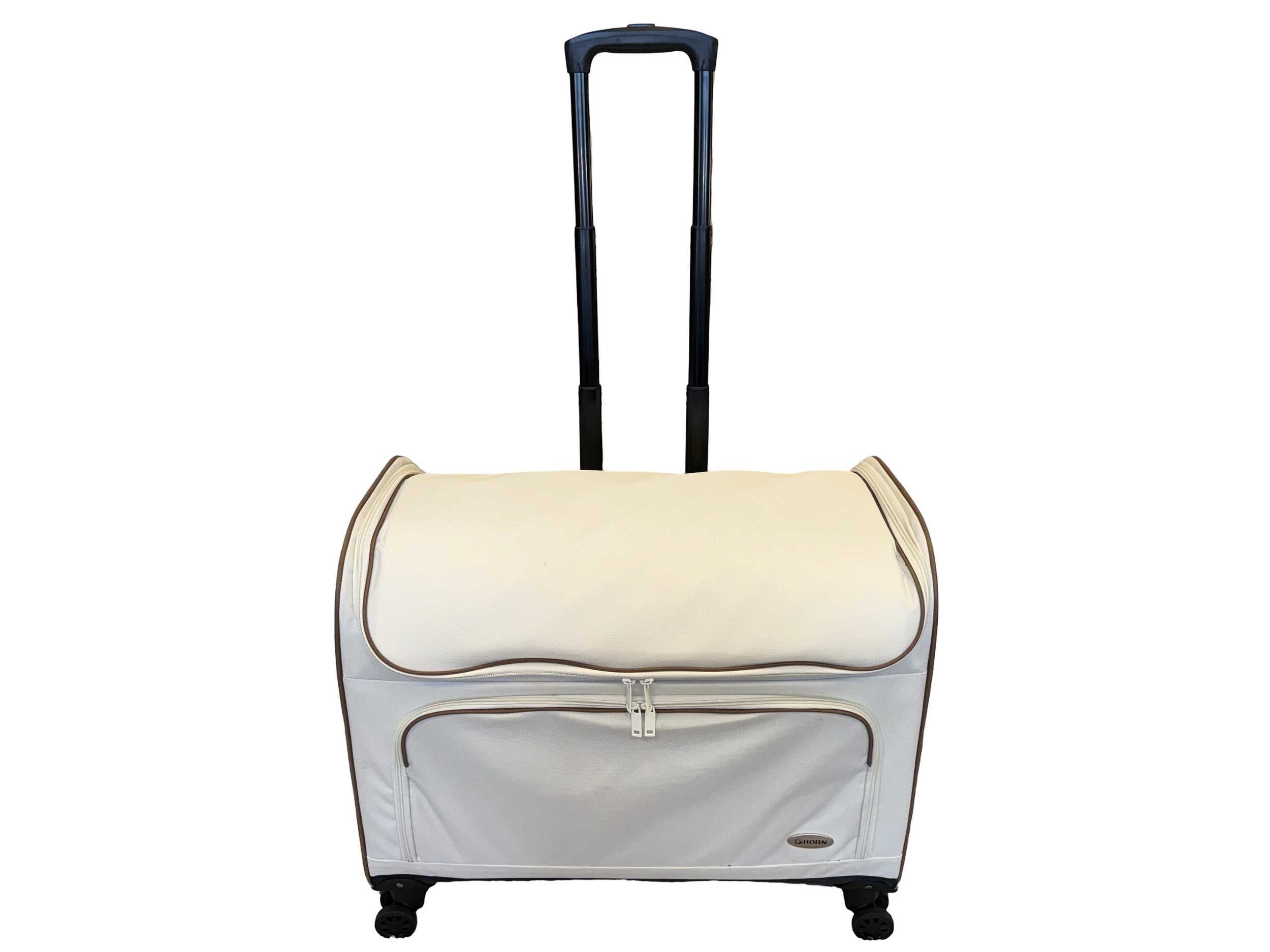 A white rolling suitcase with a handle extended, set against a black background.