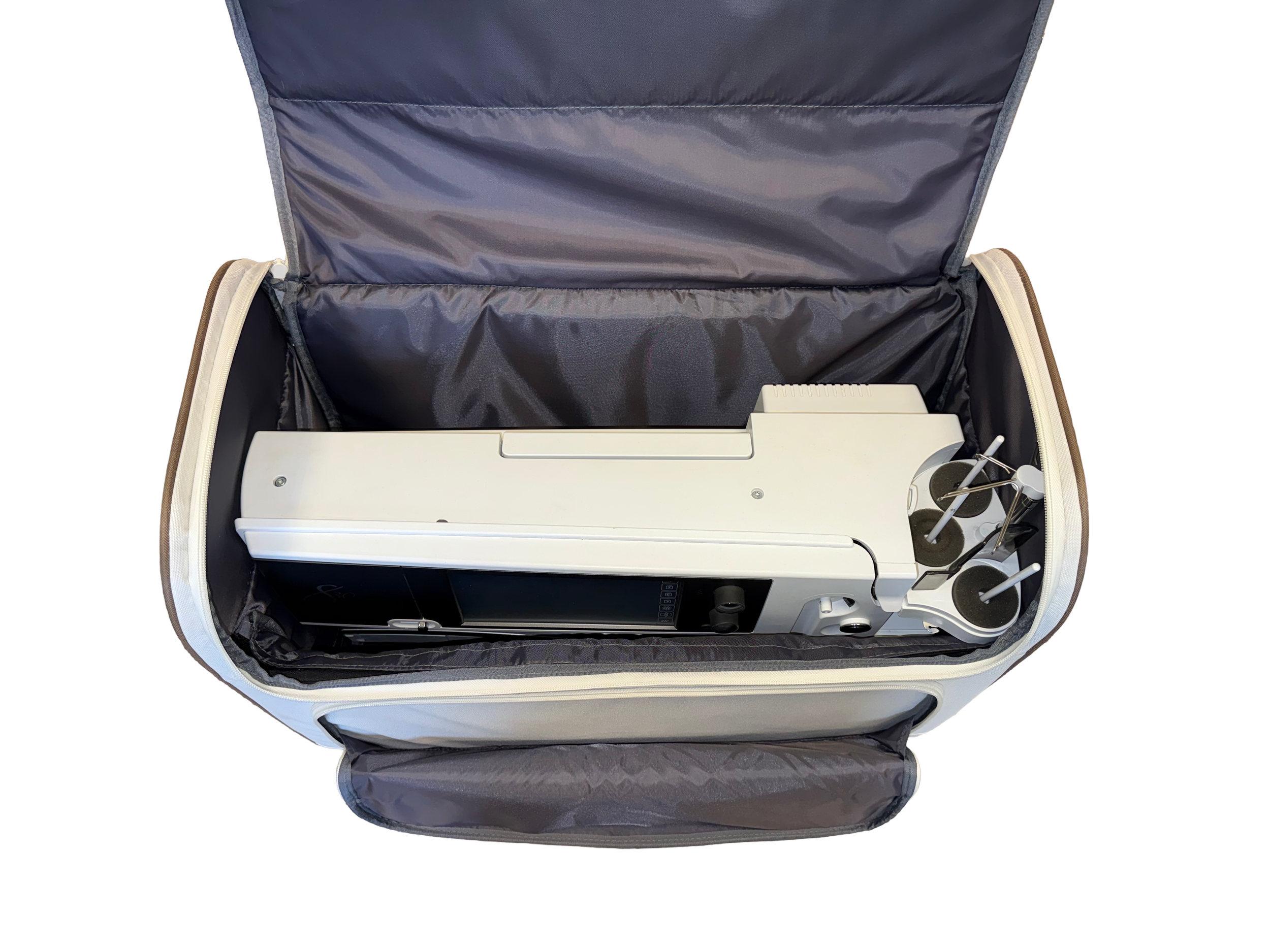 A medical ultrasound machine inside an open black and gray carrying case.