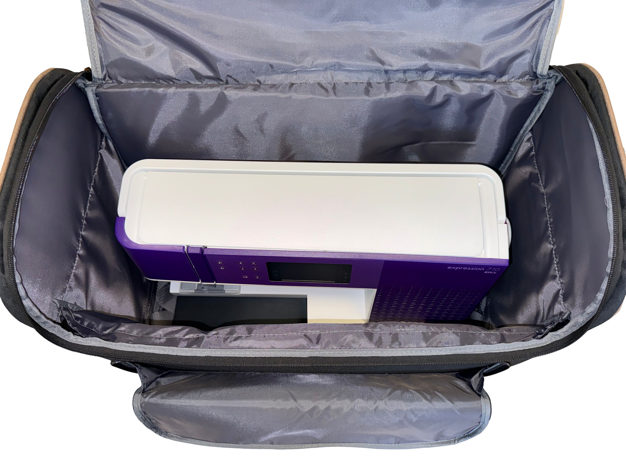 Inside a carrying bag containing a purple and white medical device labeled 'expression ZI0'.
