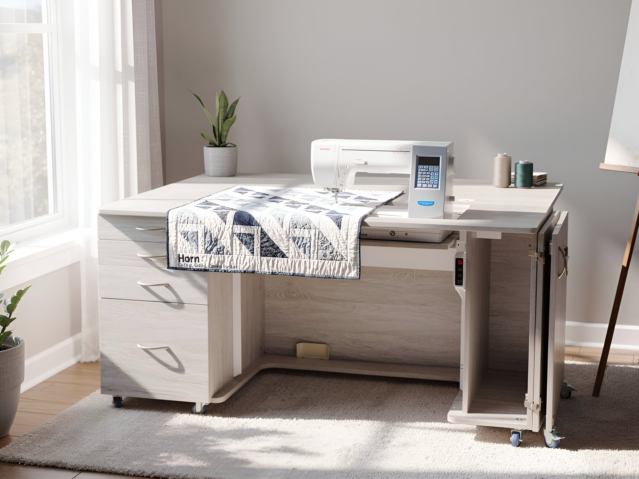 A light-colored wooden desk with a quilted sewing project, a sewing machine, and a remote control on it, with a dark fabric mat underneath.