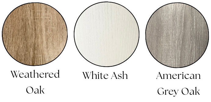 Three circular samples of wood textures in different colors: light brown, white, and gray.