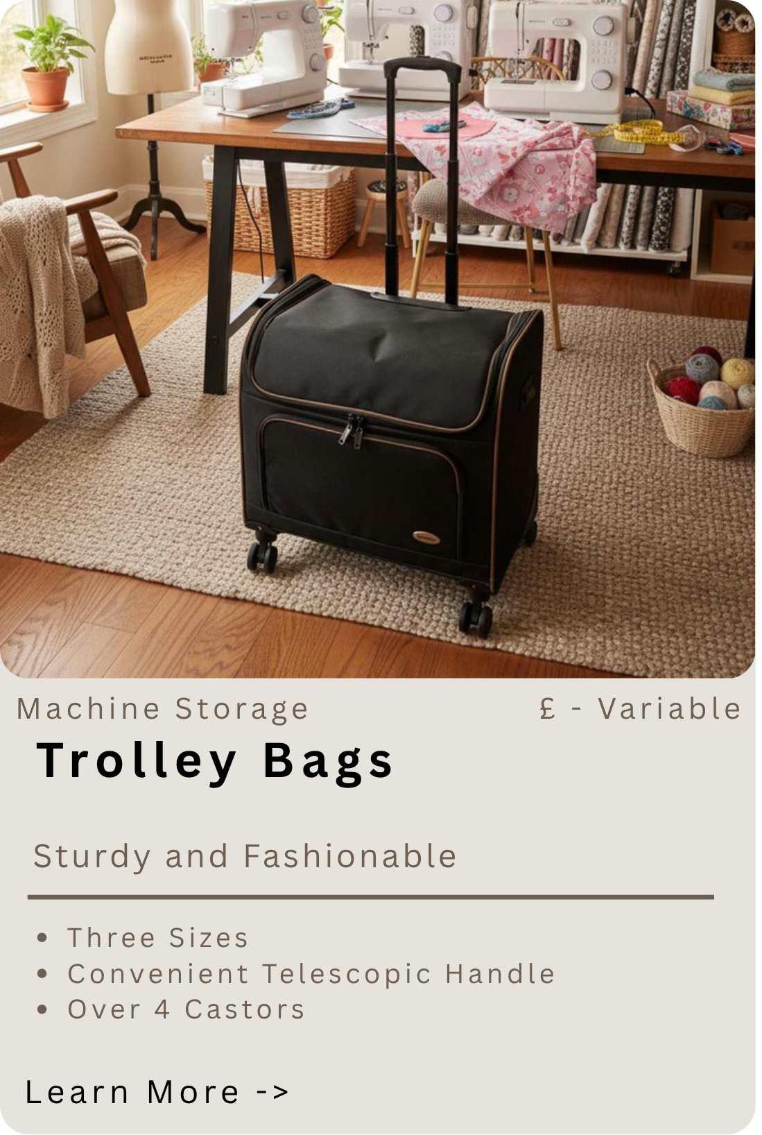 A room with a wooden table holding multiple sewing machines, a shopping trolley bag, and sewing supplies. The room has a chair with a blanket, potted plants on the windowsill, a basket of yarn, and a shelf with fabric rolls.