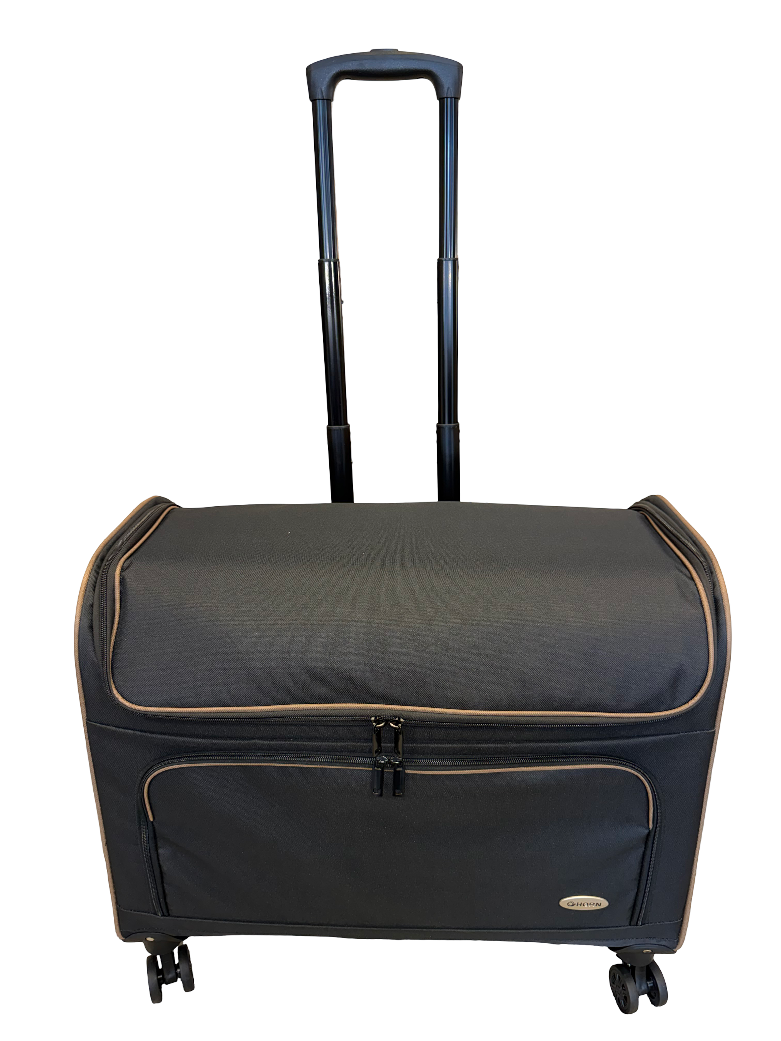 Black rolling suitcase with a handle extended, positioned in front of a purple and gray background.