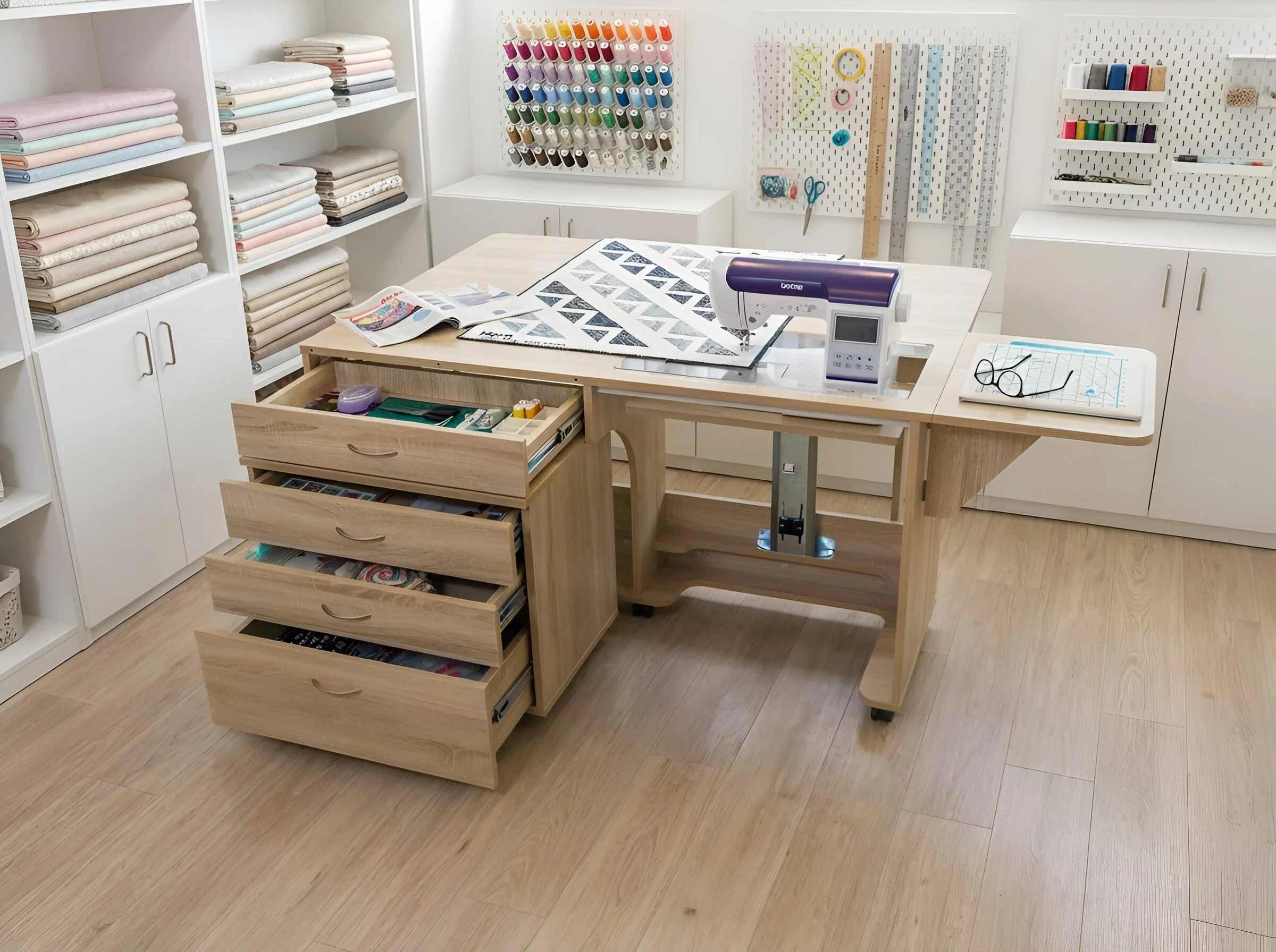 A sewing room with shelves of fabric, spools of thread on a pegboard, and tools on a pegboard wall. There is a large sewing machine on a wooden table with drawers.