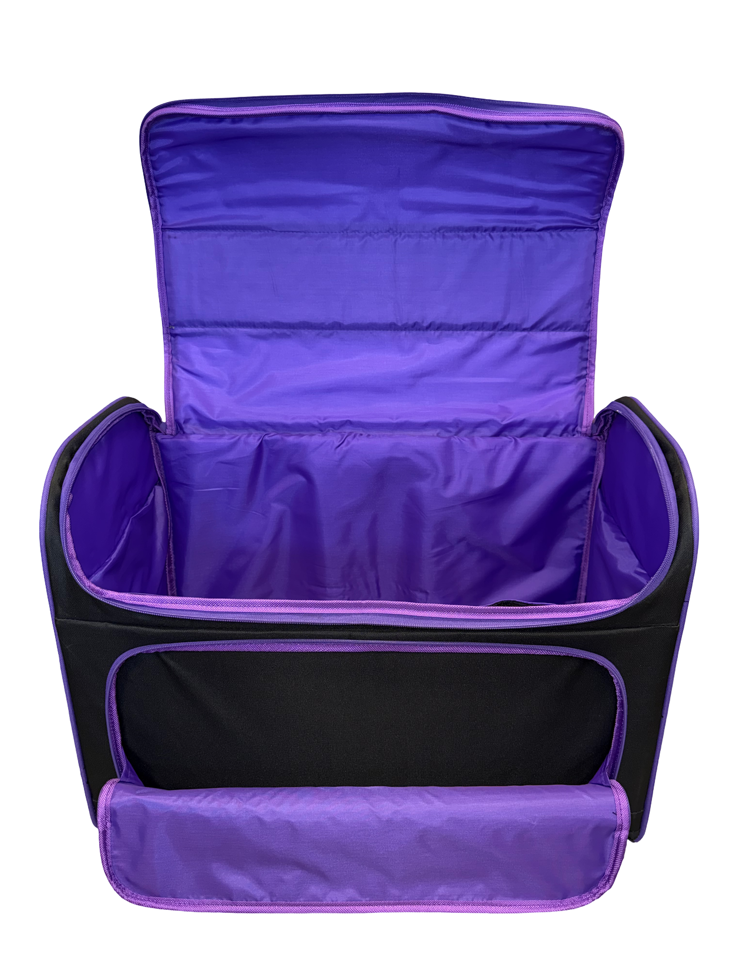 Open purple and black expandable travel organizer or bag with multiple compartments and purple lining.
