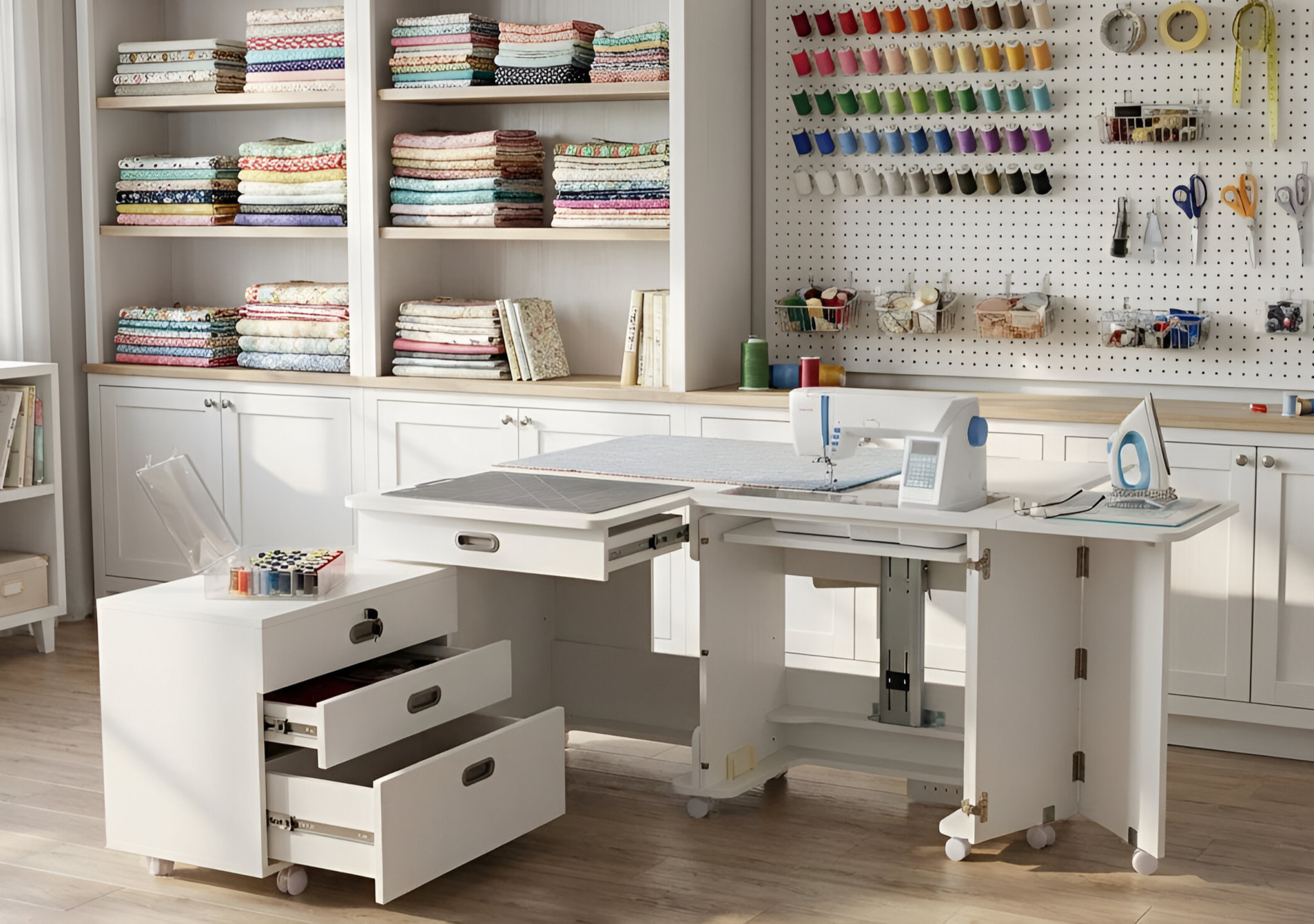 A sewing workshop with shelves of colorful fabric, a pegboard with sewing supplies, and a sewing machine on a rolling table.