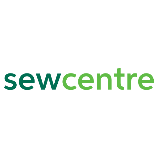 Logo for Sew Centre with black sewing machine icon and green and black text.