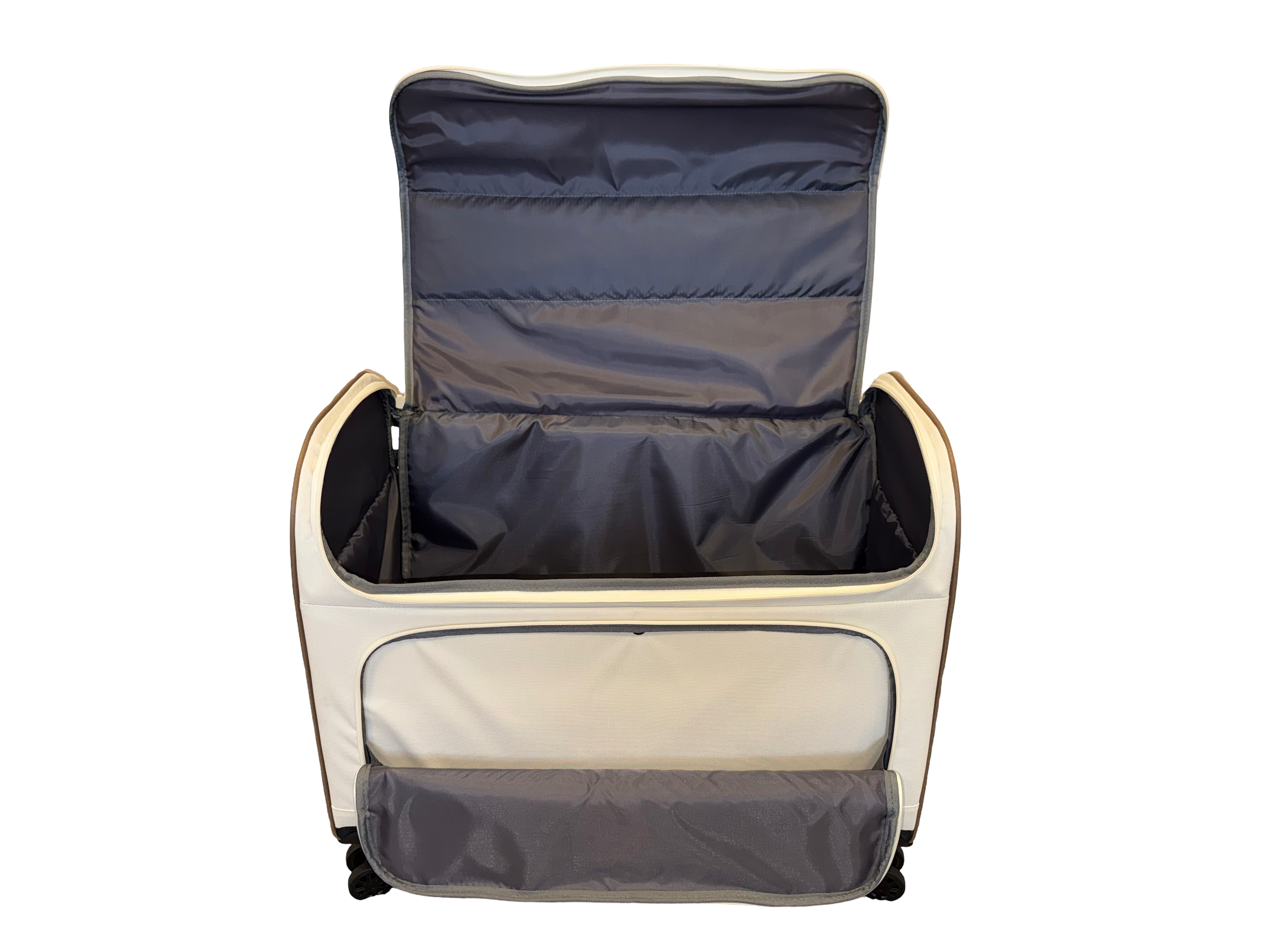 An open white hard-shell suitcase with black interior lining and multiple compartments.