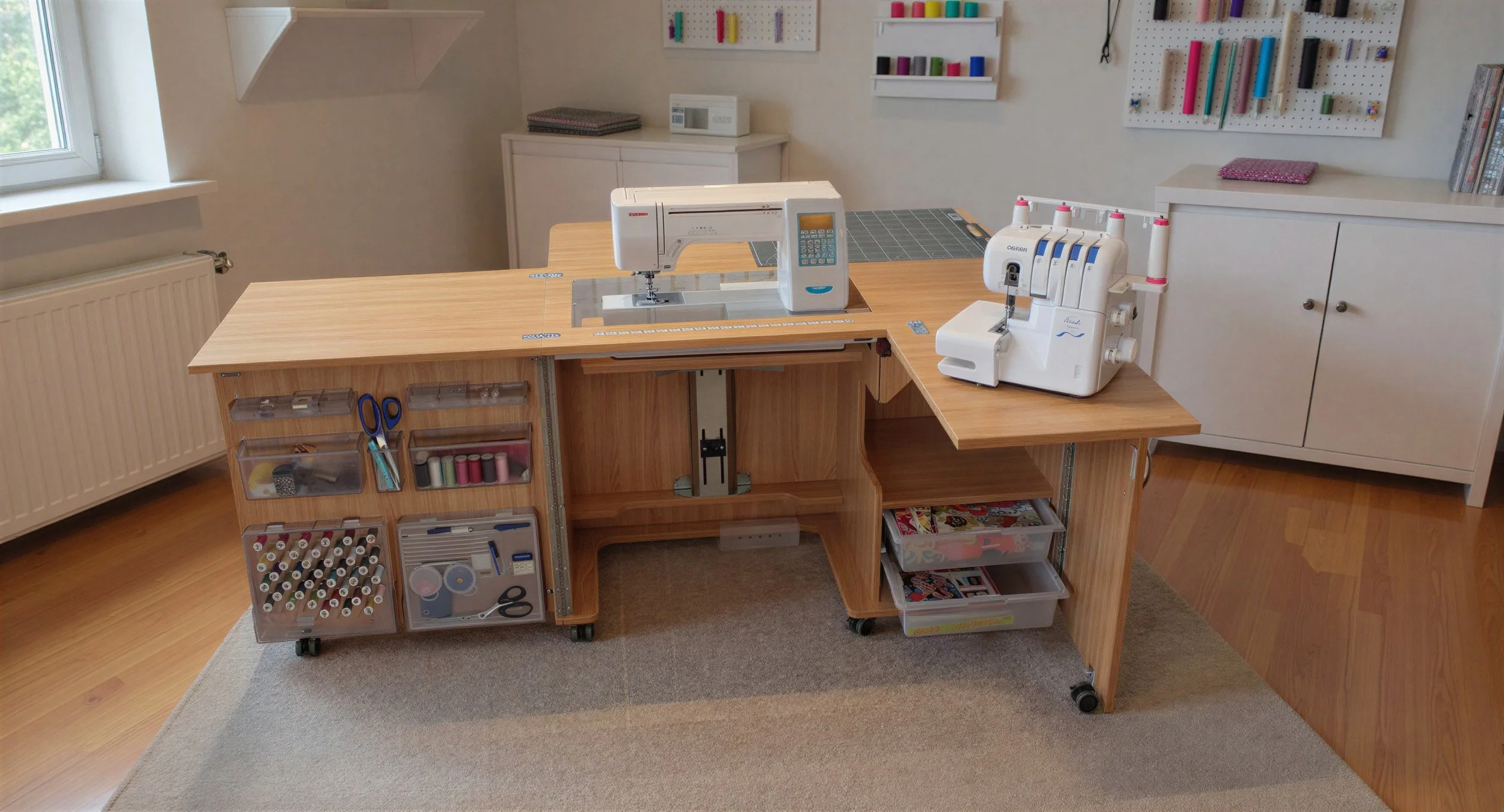 A sewing room with a large wooden desk holding a sewing machine and a serger. There are sewing supplies in plastic drawers on the sides of the desk, and a window to the left providing natural light.