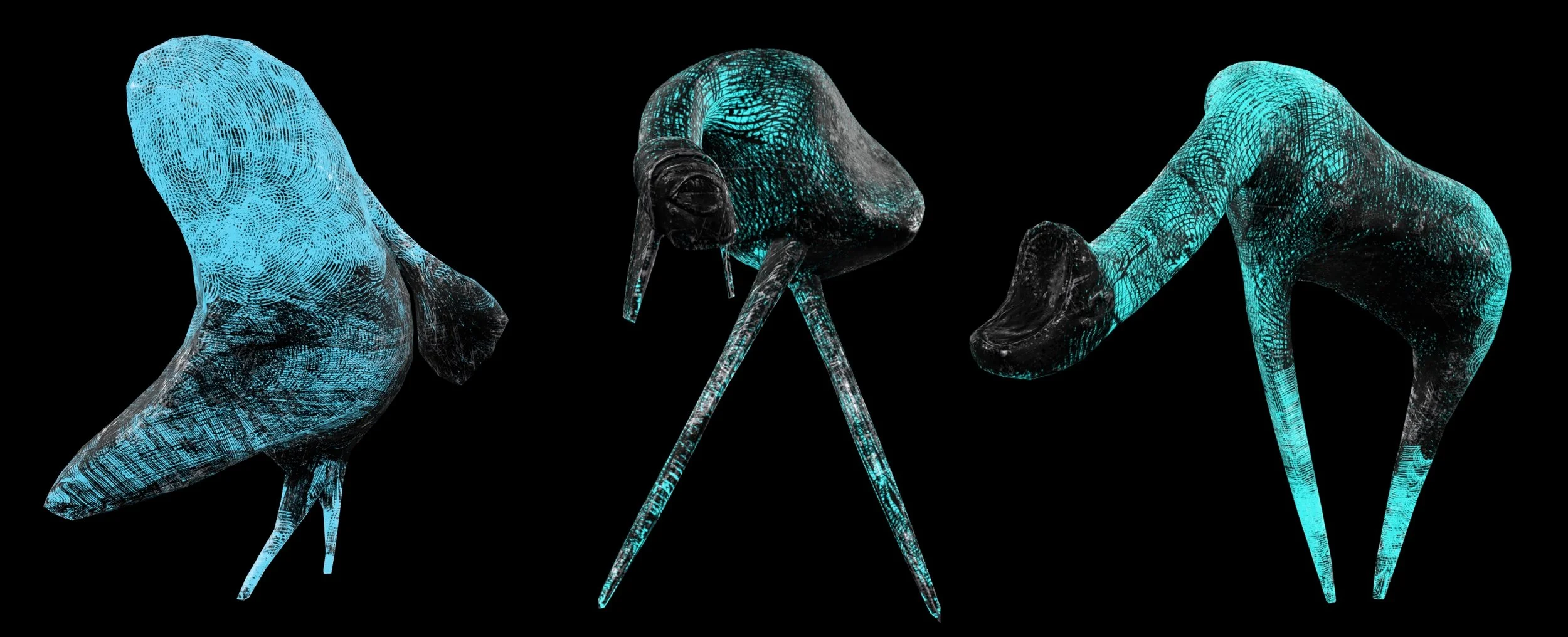 Three digital, wireframe-style bird sculptures with illuminated blue accents on black background