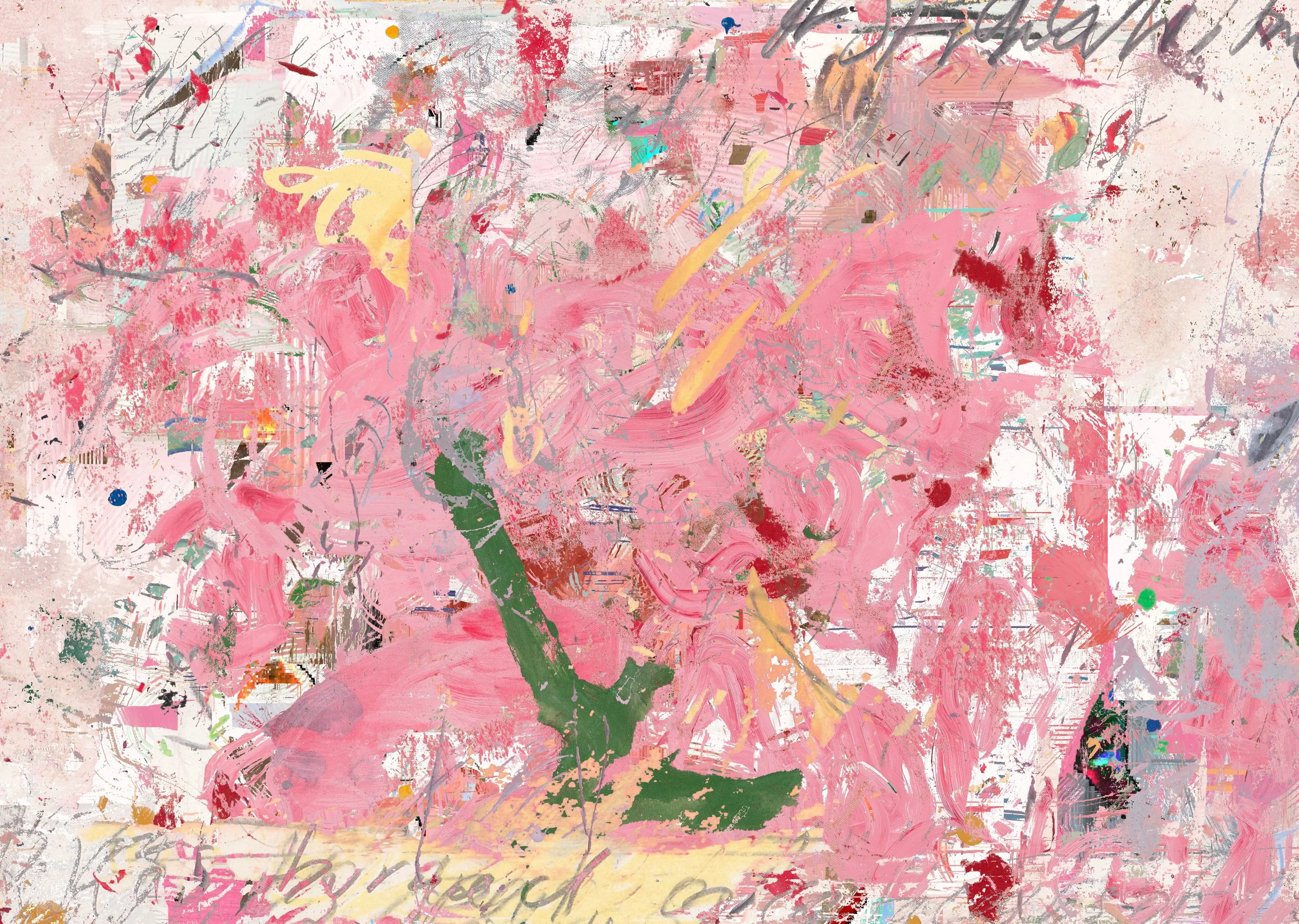 An abstract, colorful painting with pink, green, red, and yellow brushstrokes, splashes, and scribbles overlapping in a layered composition.