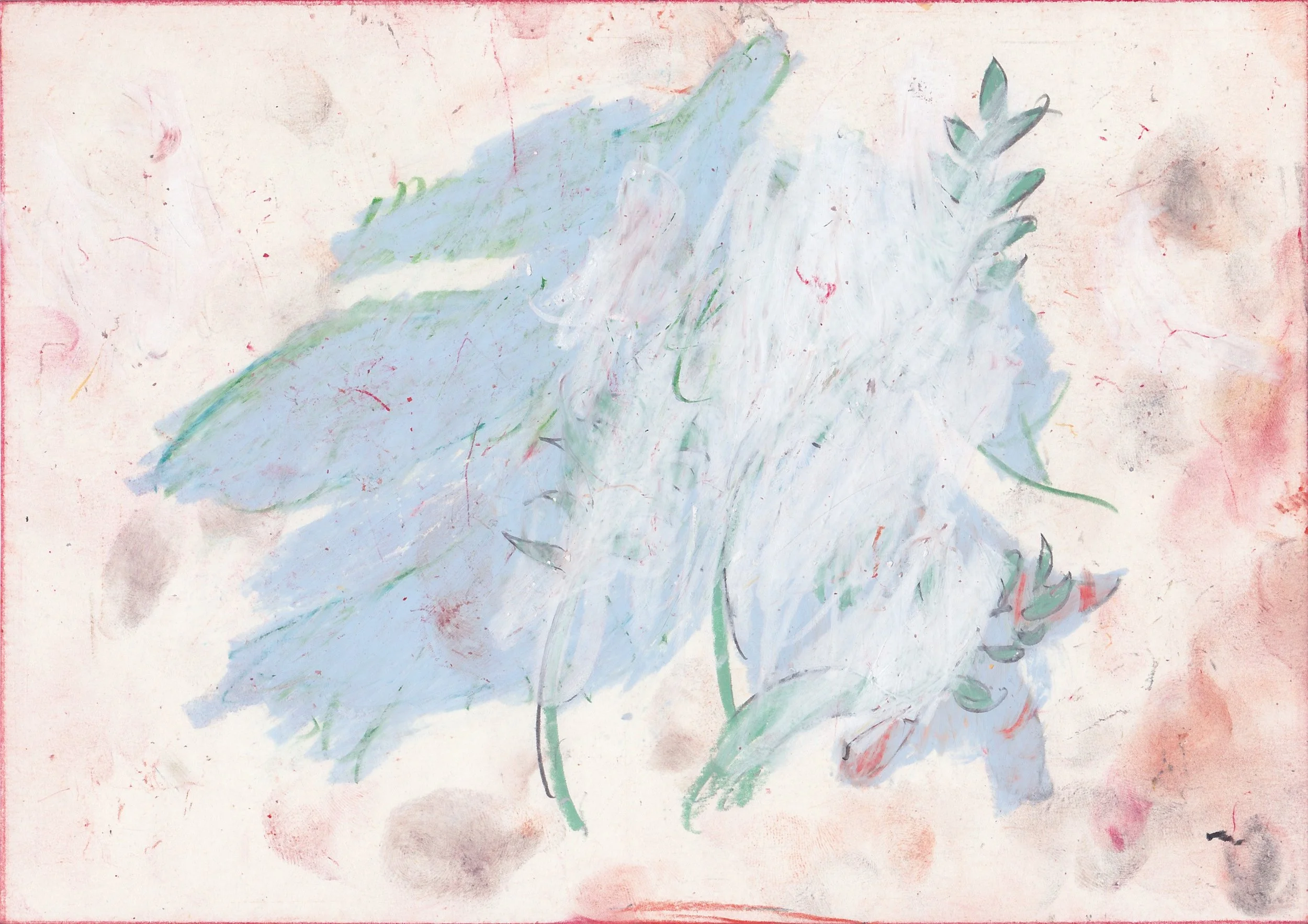 Abstract watercolor painting of leafy green and blue foliage on a light pink background.