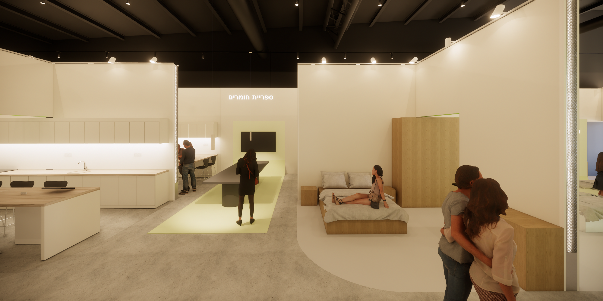 People sitting and standing in a modern interior space with white and beige furniture, a kitchen area, and a large flat screen TV.