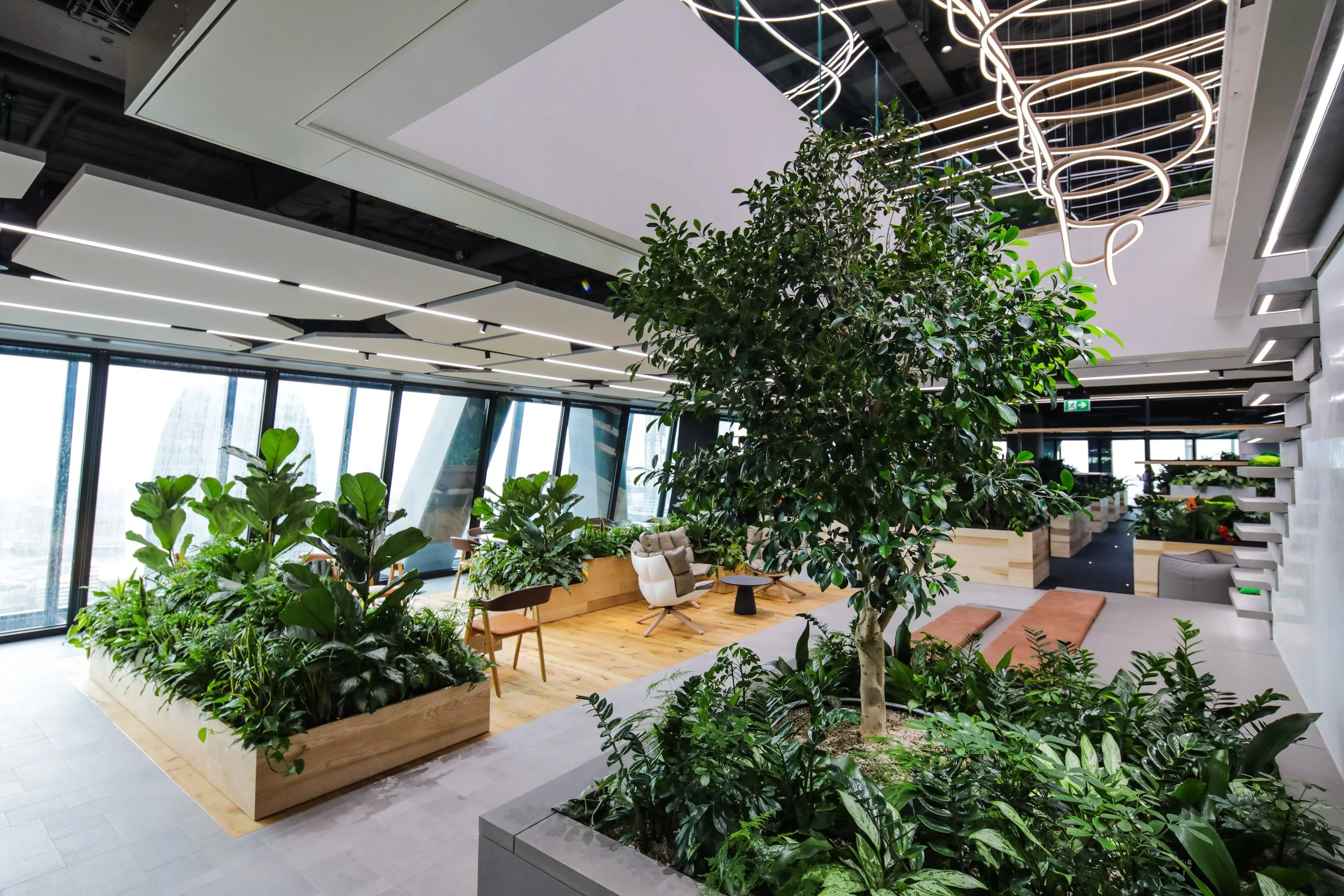 Modern indoor space with large green plants, wooden and cushioned seating, and large windows, decorated with geometric ceiling panels and neon light art.