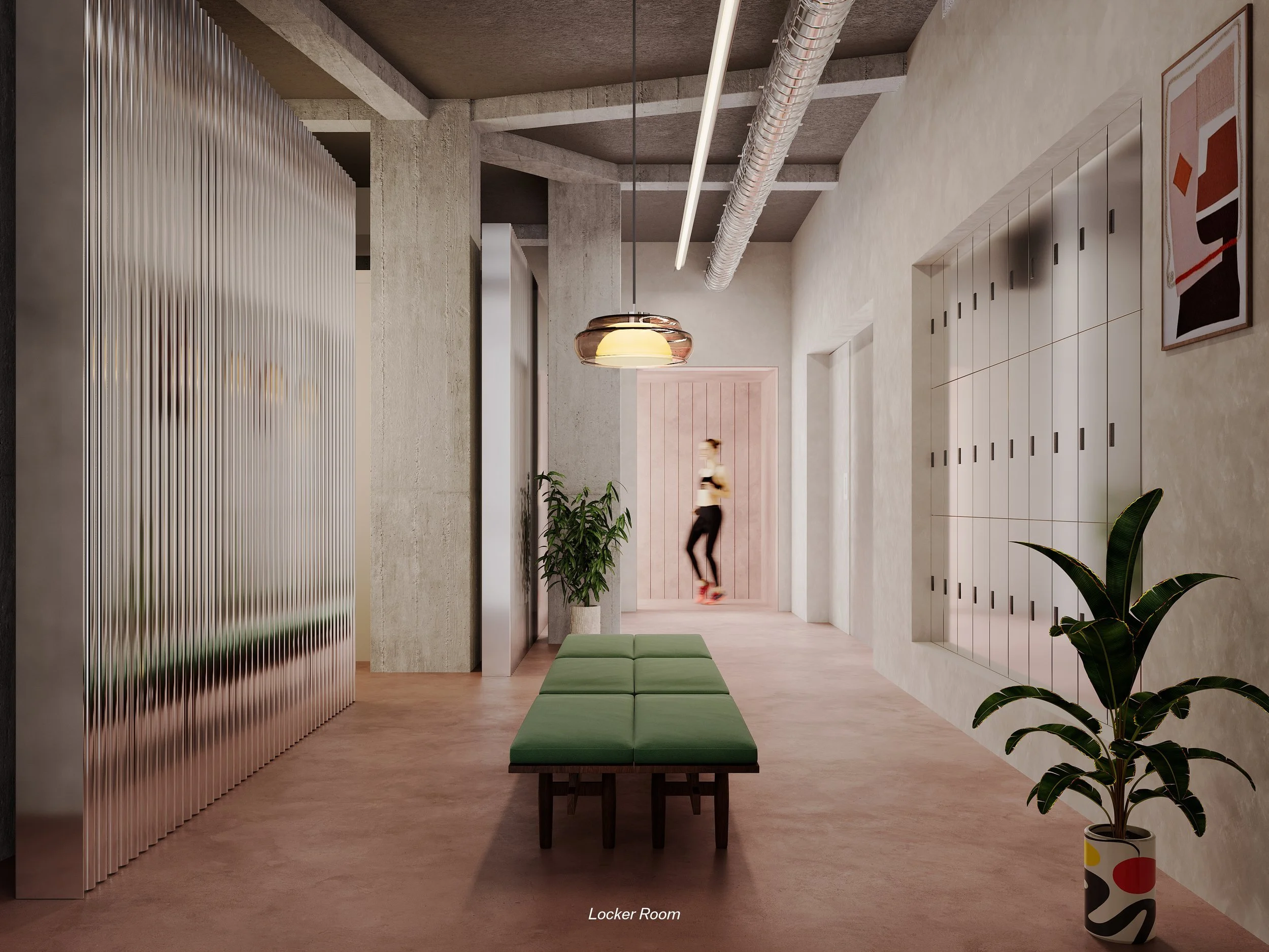 Modern locker room with green bench, lockers, potted plants, artwork, and a woman in motion in the background.