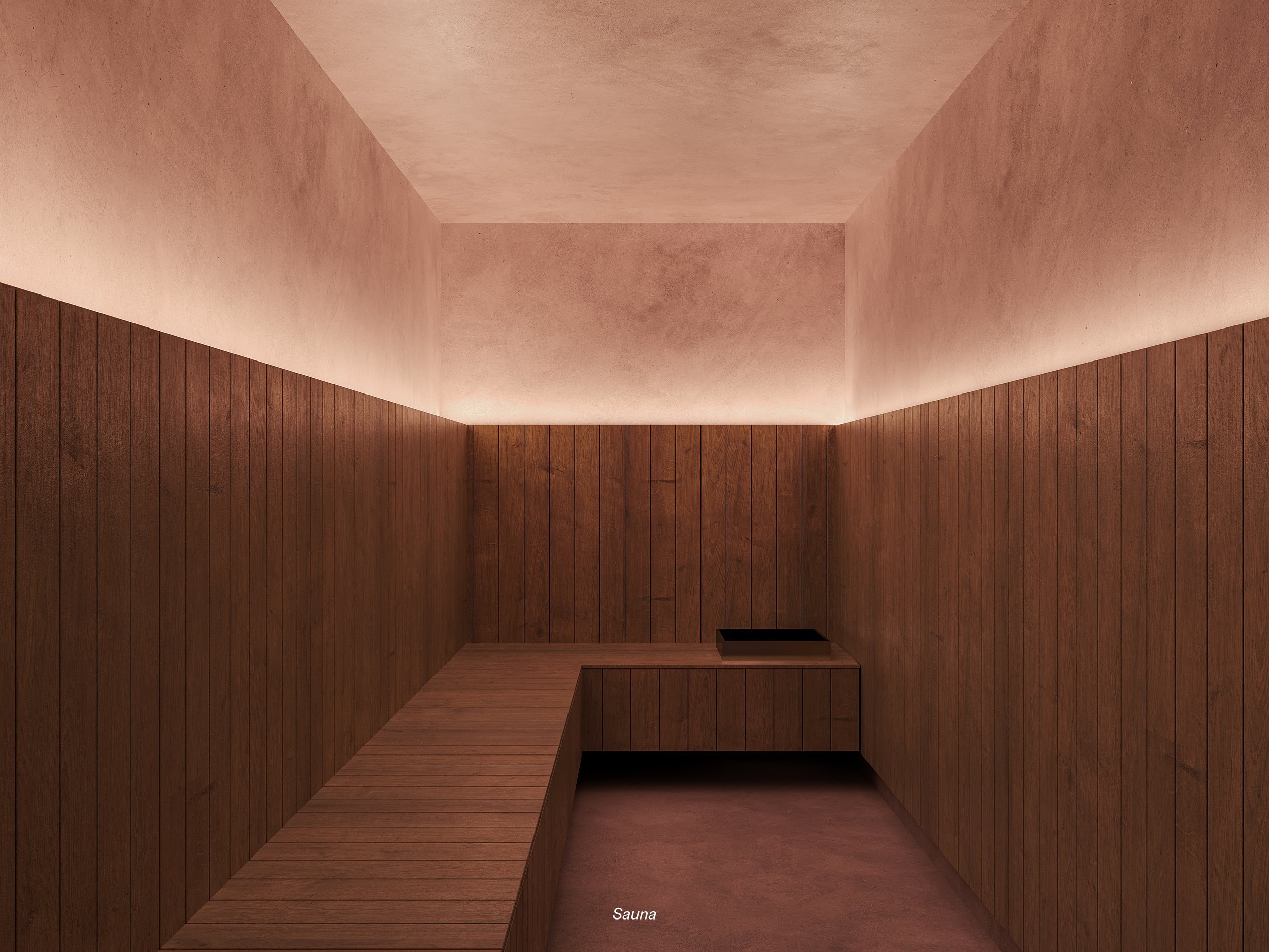 A sauna with wood-paneled walls, a wooden bench, a black heater, and soft lighting.