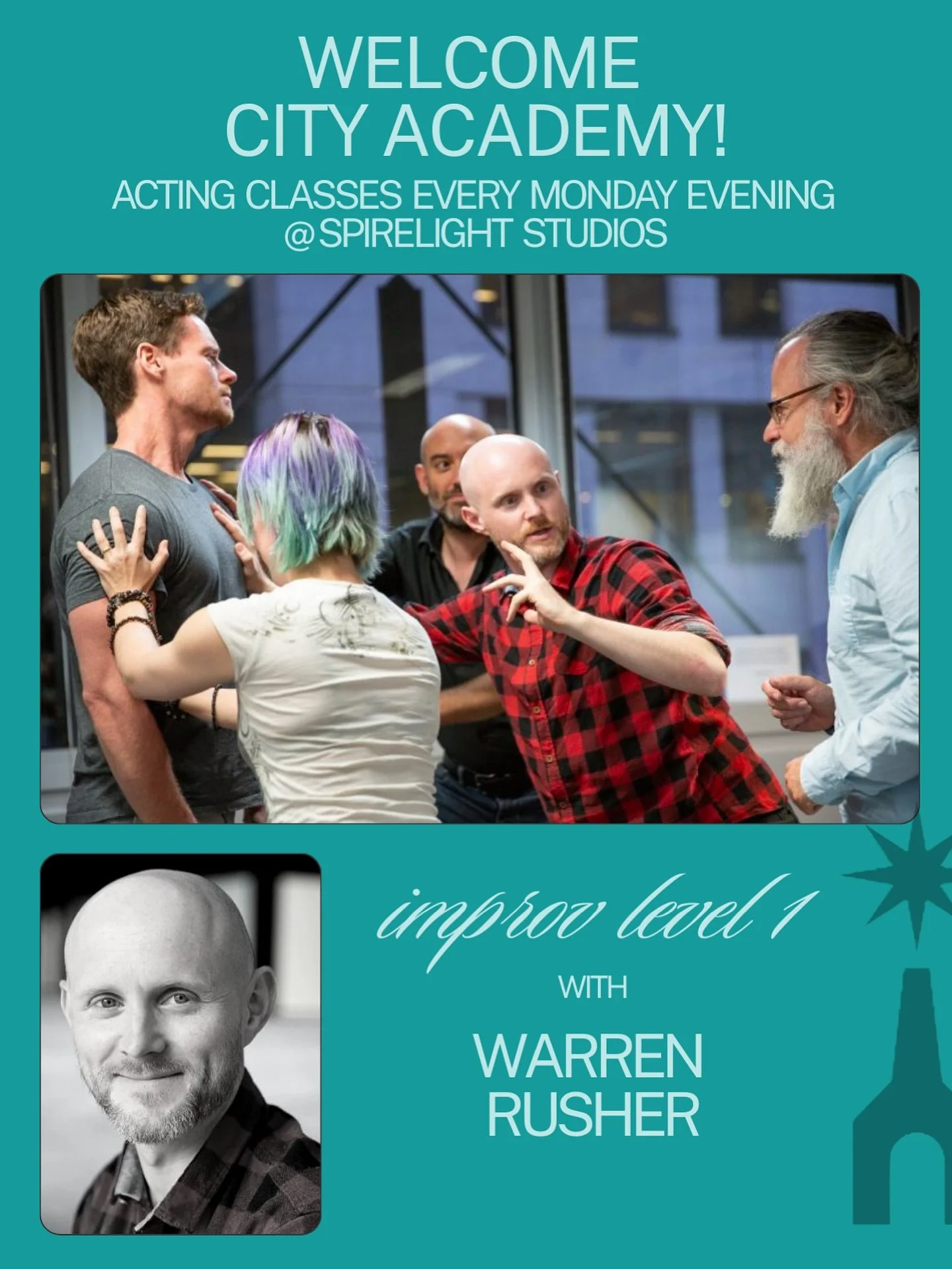 Join @cityacademyuk every Monday night @spirelightstudios Studios for Improv Level 1 with the brilliant @warrenrusher 
This fun, supportive class is the perfect space to build confidence, sharpen your spontaneity, and discover the joy of improv. No e