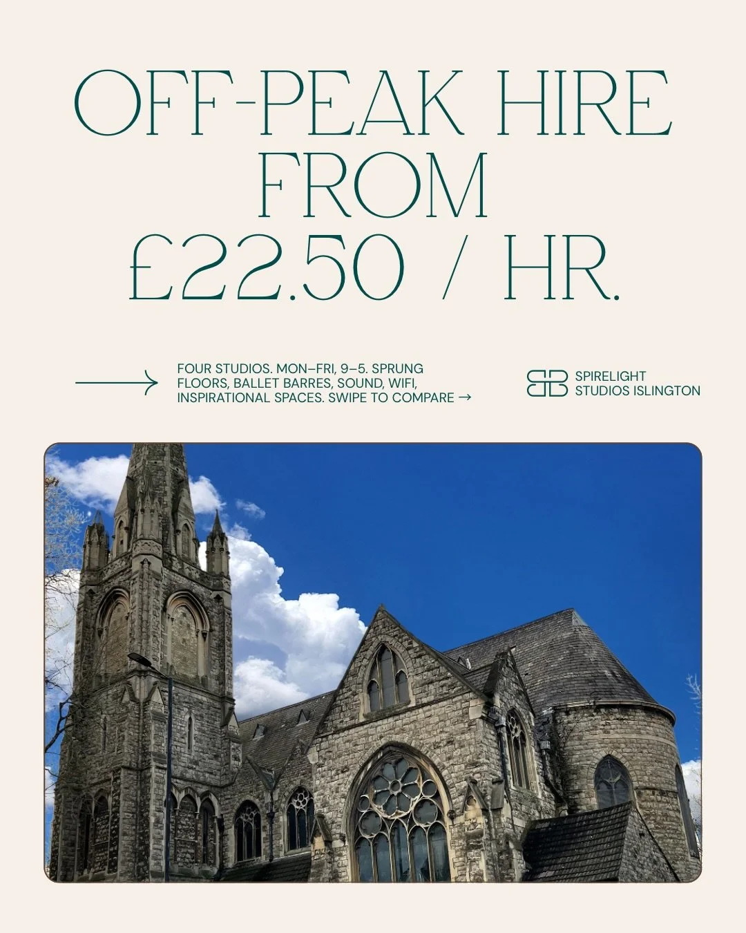 If you teach in London and you want competitive pricing and inspirational studio space in a central location you&rsquo;ve come to the right place!

Off-peak at Spirelight is &pound;22.50&ndash;&pound;30/hr, Monday to Friday, 9 to 5. Sprung floors. Ba