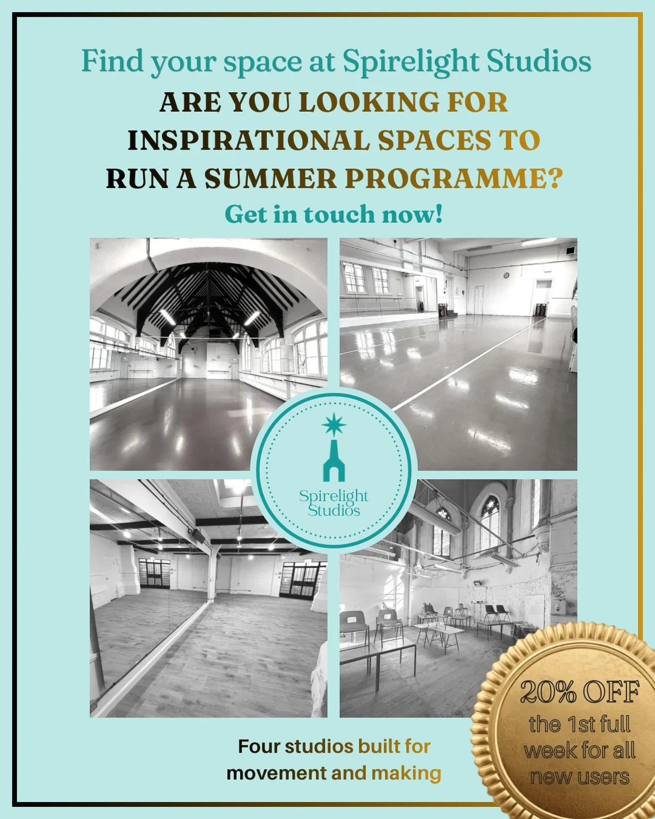 Are you looking for inspirational spaces to run a summer programme for adults or children? We have exactly what you need - and 20% off your first full week if you&rsquo;re new to the studio.
 
Spirelight Studios is a collection of four beautiful crea
