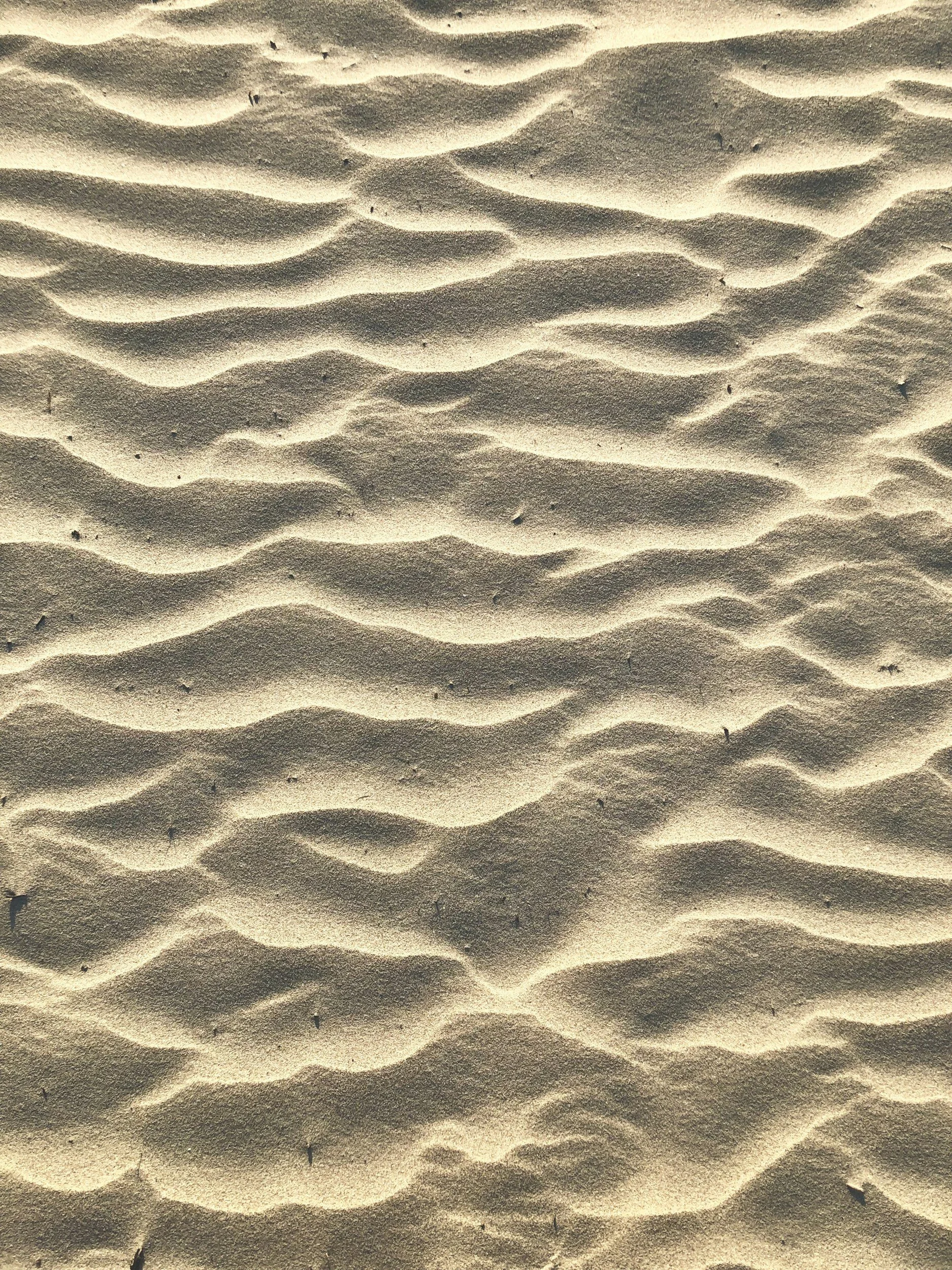 Close-up of sand dunes with ripple patterns in the sand.