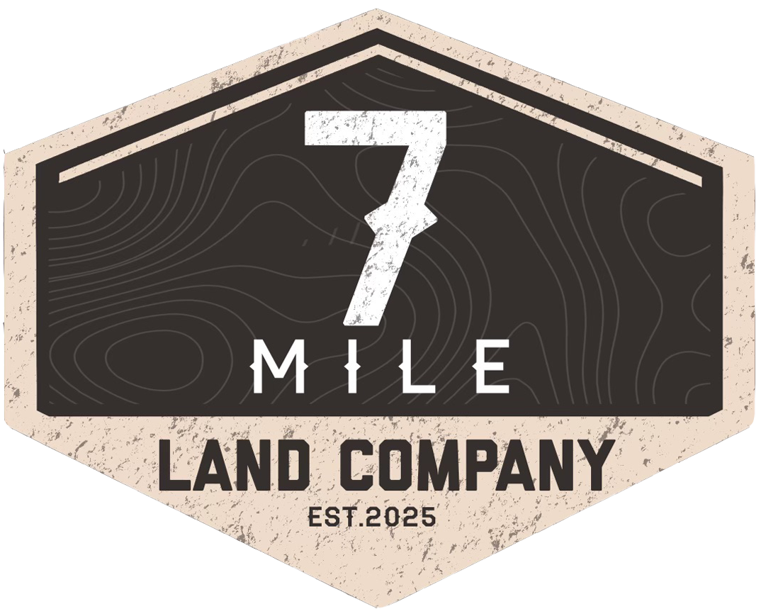 Logo for 7 Mile Land Company established in 2025, featuring a rugged, textured design with a topographic background.
