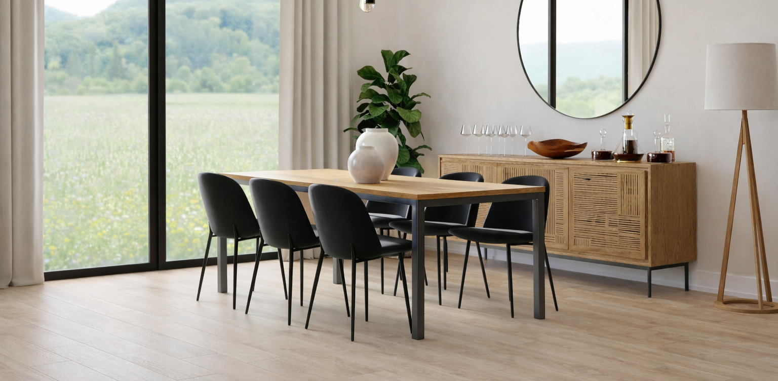 Modern dining room with a wooden table, six black chairs, a sideboard with decorative items, a round mirror, large windows with curtains, and a floor lamp in the corner.