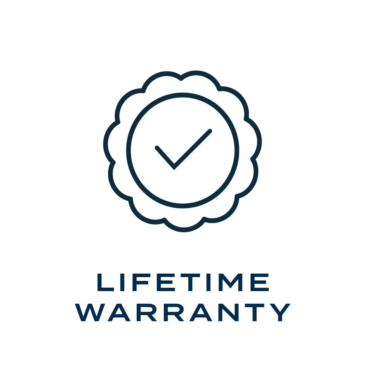 Icon with a checkmark inside a circle, surrounded by a scalloped border, with the text 'LIFETIME WARRANTY' below.
