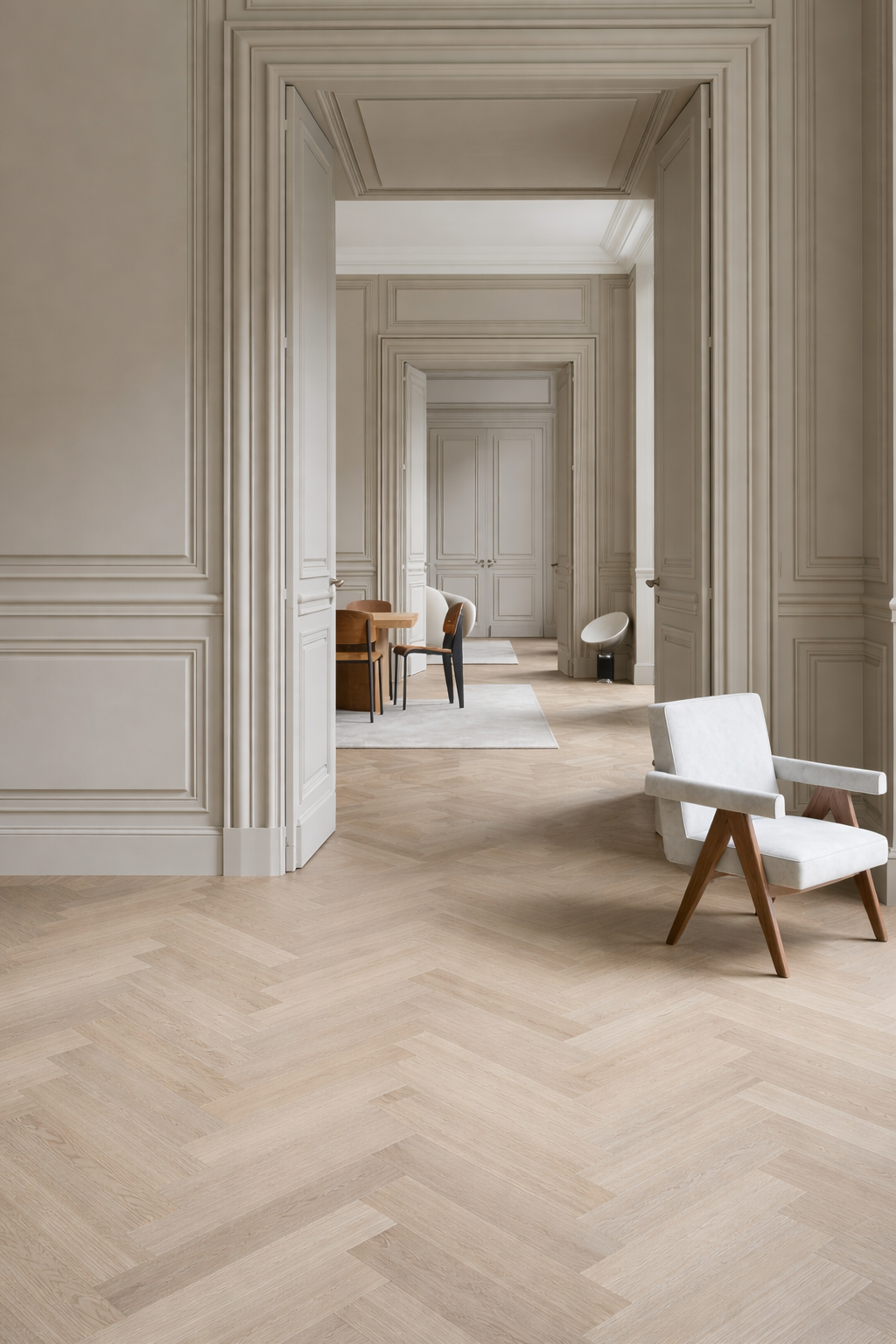 Elegant interior space with cream-colored walls and doors, light wood parquet flooring, and modern white and wooden chairs.
