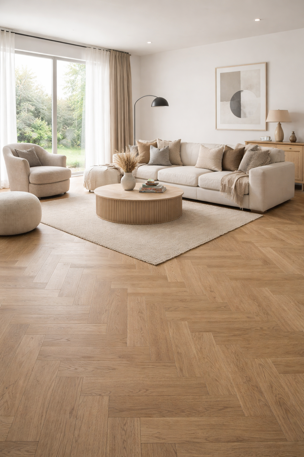 Bright living room with large window, beige sectional sofa, armchair, coffee table, beige rug, artwork, and neutral decor.