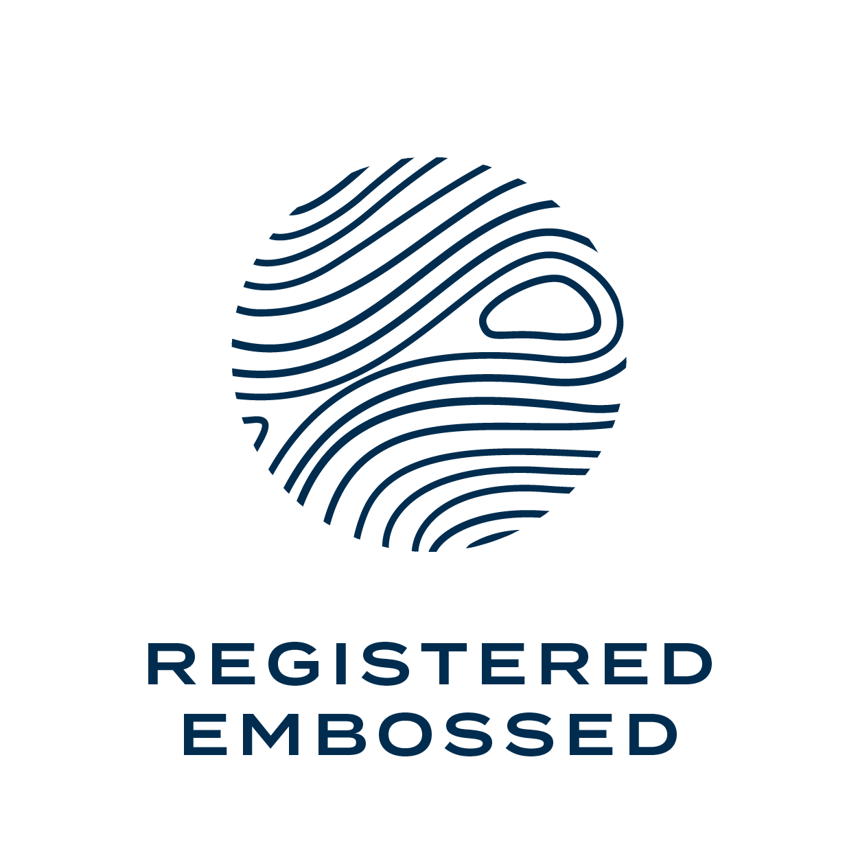 Logo featuring a fingerprint with a globe shape, accompanied by the text 'REGISTERED EMBOSSED' underneath.
